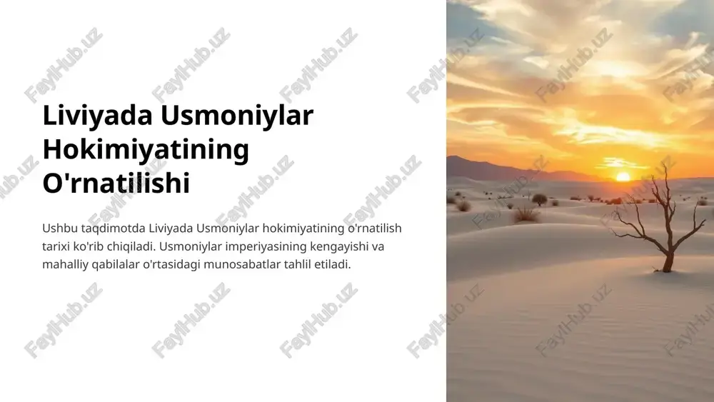 moniylar davrida liviyaning iqtisodiy va ijtimoiy taraqqiyoti 1 savdo 2 qishloq xo'jaligi 3 madaniyat usmoniylar davrida liviyada iqtisodiy va ijtimoiy taraqqiyot kuzatildi. savdo-sotiq rivojlandi, qishloq xo'jaligi yuksaldi va madaniy hayot jonlandi. 8 xulosa va xulosalar usmoniylar hukmronligi liviyaning tarixida muhim davr. oqibatlar mamlakatning kelajagiga ta'sir ko'rsatdi. usmoniylar hokimiyatining o'rnatilishi liviyaning tarixida muhim voqea bo'ldi. bu mamlakatning siyosiy, iqtisodiy va ijtimoiy hayotiga katta ta'sir ko'rsatdi. 9 image1.png image2.png image3.png image4.png image5.png image6.png image7.png image8.png image9.png image10.png image11.png image12.png image13.png image14.png image15.png image16.png