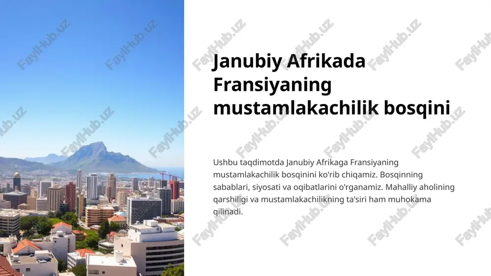 siyosiy tashkilotlar mustamlakachilikka qarshi kurashgan. madaniy saqlash aholi o'z madaniyatini saqlab qolishga harakat qilgan. mahalliy aholi fransiyaga qarshi qurolli qarshilik ko‘rsatgan, siyosiy harakatlar uyushtirgan va o‘z madaniyatini saqlab qolishga uringan. 6 mustamlakachilikning oqibatlari iqtisodiy qaramlik mahalliy iqtisodiyot fransiyaga qaram bo'lib qolgan. ijtimoiy o'zgarishlar an’anaviy ijtimoiy tuzilmalar buzilgan. madaniy yo'qotishlar mahalliy madaniyat fransuz madaniyati bilan almashtirilgan. mustamlakachilikning iqtisodiy, ijtimoiy va madaniy oqibatlari og'ir bo'lgan. 7 fransiyaning janubiy afrikadan chiqishi milliy ozodlik harakati 1 siyosiy o'zgarishlar 2 mustaqillik e'lon qilinishi 3 fransiyaning janubiy afrikadan chiqishi milliy ozodlik harakati va siyosiy o'zgarishlar natijasida sodir bo'lgan. 8 xulosa va kelajakdagi tadqiqotlar fransiyaning janubiy afrikadagi mustamlakachilik bosqini uzoq muddatli oqibatlarga olib keldi. kelajakdagi tadqiqotlar ushbu davrning to'liq ta'sirini o'rganishi kerak. 9 image1.png image2.png image3.png image4.png image5.png image6.png image7.png image8.png image9.png image10.png image11.png image12.png image13.png image14.png image15.png image16.png image17.png image18.png image19.png
