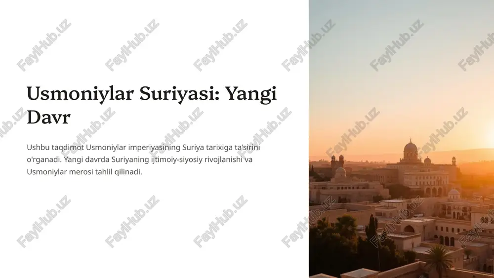 a mandatiga qarshi kurashdi. mustaqillikka erishish asosiy maqsad edi. suriya kongressi suriya kongressi suriya mustaqilligini e'lon qildi. biroq, fransiya bu qarorni tan olmadi. qurolli qarshilik fransiya mandatiga qarshi qurolli qarshilik ko'rsatildi. bu kurash suriya mustaqilligi uchun muhim edi. bu davr suriya tarixida milliy ozodlik harakatlarining eng yuqori cho'qqisi bo'ldi. suriya mustaqillikka intilish yo'lida katta qadamlar tashladi. 6 fransiya mandat davri 1 siyosiy nazorat fransiya suriyada siyosiy nazoratni o'rnatdi. bu suriya milliy harakatlarining faoliyatini chekladi. 2 iqtisodiy manfaatlar fransiya suriya iqtisodiyotidan o'z manfaatlari yo'lida foydalandi. bu suriya iqtisodiyotining rivojlanishiga to'sqinlik qildi. 3 madaniy ta'sir fransiya suriya madaniyatiga o'z ta'sirini o'tkazishga harakat qildi. bu suriya milliy madaniyatining rivojlanishiga ta'sir ko'rsatdi. fransiya mandat davri suriya tarixida murakkab davr bo'ldi. bu davrda suriya siyosiy, iqtisodiy va madaniy jihatdan fransiya ta'siriga duch keldi. 7 suriya mustaqilligi va usmoniylar merosi mustaqillik e'lon qilinishi suriya 1946-yilda mustaqillikka erishdi. bu suriya xalqining uzoq yillik kurashining natijasi edi. usmoniylar …