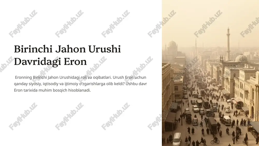 sodiy mustaqilligi tiklandi. eron yangi davrga o'tdi. 8 birinchi jahon urushi eron uchun qiyin sinov bo'ldi. mamlakat katta yo'qotishlarga uchradi. lekin urush eronning milliy o'zligini mustahkamladi. eron yangi taraqqiyot yo'liga chiqdi. urushdan olingan saboqlar eronning kelajakdagi rivojlanishiga ta'sir ko'rsatdi. eron tarixida bu davr unutilmas sahifa bo'lib qoldi. 9 image1.png image2.png