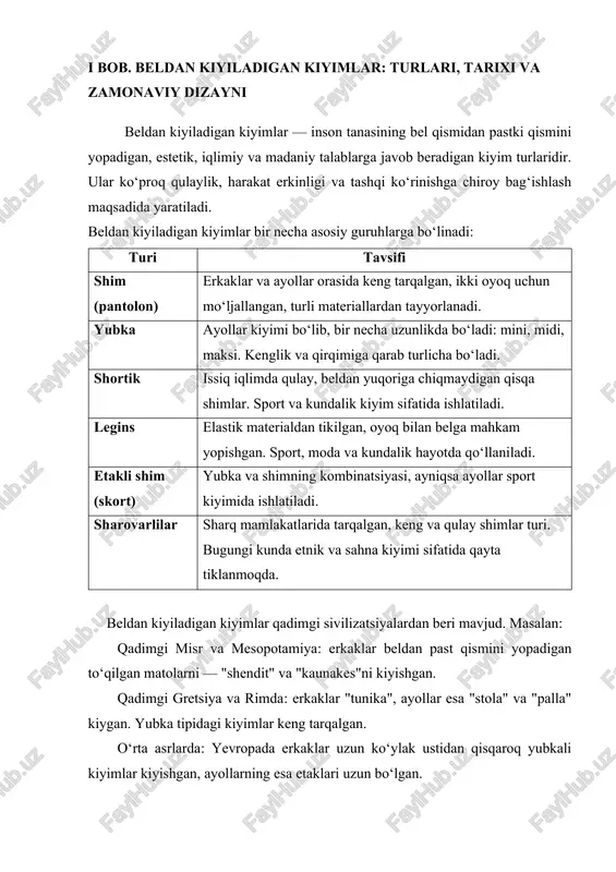 ka", ayollar esa "stola" va "palla" kiygan. yubka tipidagi kiyimlar keng tarqalgan. o‘rta asrlarda: yevropada erkaklar uzun ko‘ylak ustidan qisqaroq yubkali kiyimlar kiyishgan, ayollarning esa etaklari uzun bo‘lgan. sharqiy osiyoda: sharovarlilar, kamar bilan bog‘lanadigan kiyimlar keng tarqalgan bo‘lib, bugungi kungacha uslubda saqlanib qolgan. xx asrda: ishlab chiqarish rivojlanishi, ayollar huquqlari va modaning o‘zgarishi tufayli shimlar, leginslar va shortiklar ayollar garderobiga kirdi. hozirgi zamonaviy modada beldan kiyiladigan kiyimlar nafaqat qulaylik, balki o‘ziga xos estetik mezonlar asosida yaratilmoqda. ularning dizaynidagi asosiy tendensiyalar quyidagilardan iborat: minimalizm · oq, qora, bej, pastel ranglardagi soddalik. · to‘g‘ri qirqimlar, ortiqcha bezaklardan voz kechish. oversize va keng shakllar · ayniqsa legins, shortik va sport shimlarda qo‘llaniladi. · harakat erkinligi ta’minlanadi. eko-materiallardan foydalanish · organik paxta, bambuk tolasi, qayta ishlangan matolar modaga aylandi. · barqaror moda konsepsiyasi rivojlanmoqda. gender neytrallik · ko‘plab beldan kiyiladigan kiyimlar hozirda uniseks uslubida yaratilmoqda. · gender farqlari tobora kamaymoqda. texnologik integratsiya · sport …