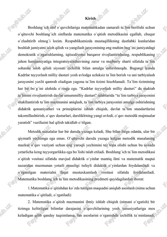 sini hal qilish takidlab o`tilgan. metodik masalalar har bir darsda yuzaga keladi, shu bilan birga odatda, ular bir qiymatli yechimga ega emas. o`qituvchi darsda yuzaga kelgan metodik masalaning mazkur o`quv vaziyati uchun eng yaroqli yechimini tez topa olishi uchun bu soxada yetarlicha keng tayyorgarlikka ega bo`lishi talab etiladi. boshlang`ich ta`lim metodikasi o`qitish vositasi sifatida mavjud didaktik o`yinlar mantiq ilmi va matematik nuqtai nazaridan mazmunan yetarli emasligi tufayli didaktik o`yinlardan foydalaniladi va o`rganilgan materialni faqat mustaxkamlash vositasi sifatida foydalaniladi. matematika boshlang`ich ta`lim metodikasining predmeti quyidagilardan iborat: 1.matematika o`qitishdan ko`zda tutilgan maqsadni aniqlab asoslash (nima uchun matematika o`qitiladi, o`rgatiladi) 2. matematika o`qitish mazmunini ilmiy ishlab chiqish (nimani o`rgatish) bir tizimga keltirilgan bilimlar darajasini o`quvchilarining yosh xususiyatlariga mos keladigan qilib qanday taqsimlansa, fan asoslarini o`rganishda izchillik ta`minlanadi, o`quv ishlariga o`quv mashg`ulotlari beradigan yuklama bartaraf qilinadi, ta`lim mazmuni o`quvchilarning aniq bilim olish imkoniyatlariga mos keladi. 3.o`qitish metodlarini ilmiy ishlab chiqish (qanday o`qitish kerak) ya`ni, …