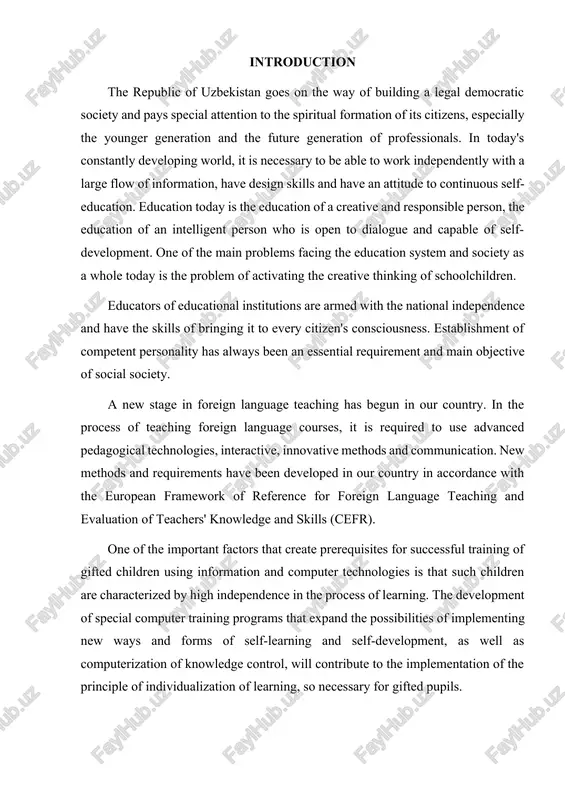 pendence in the process of learning. the development of special computer training programs that expand the possibilities of implementing new ways and forms of self-learning and self-development, as well as computerization of knowledge control, will contribute to the implementation of the principle of individualization of learning, so necessary for gifted pupils. the role of modern technology is remarkable in language learning and teaching. the use of technological means helps to learn every aspect of learning a foreign language (reading, listening, listening, and speaking). for example, it is impossible to perform this process without a computer, player or cd. listening comprehension is one of the most important parts of language learning. in accordance with these requirements, the training rooms are equipped with stands and new information and communication technologies. the demand for foreign language learning is increasing day by day. foreign language is divided into four dimensions (reading, listening, speaking and …