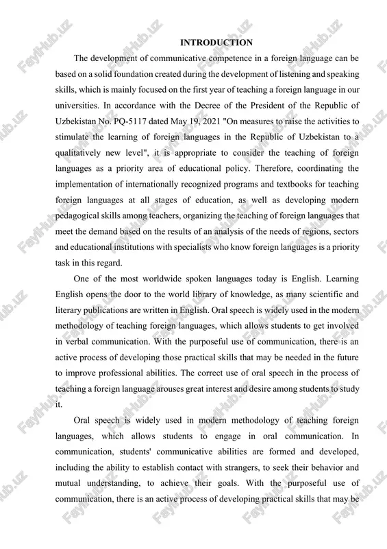 ng foreign languages, which allows students to engage in oral communication. in communication, students' communicative abilities are formed and developed, including the ability to establish contact with strangers, to seek their behavior and mutual understanding, to achieve their goals. with the purposeful use of communication, there is an active process of developing practical skills that may be necessary to improve professional skills in the future. today, one of the main tasks of oral speech is to teach message design. if the time spent on formulating a statement does not exceed the time spent on its pronunciation, this largely determines the quality of speech skills. oral speech serves as a means of communication for educational purposes, with the help of which information is received during listening, transmitted during speaking, and exchanged during a conversation, oral speech is associated with the method of using it in teaching a foreign language. proper use …