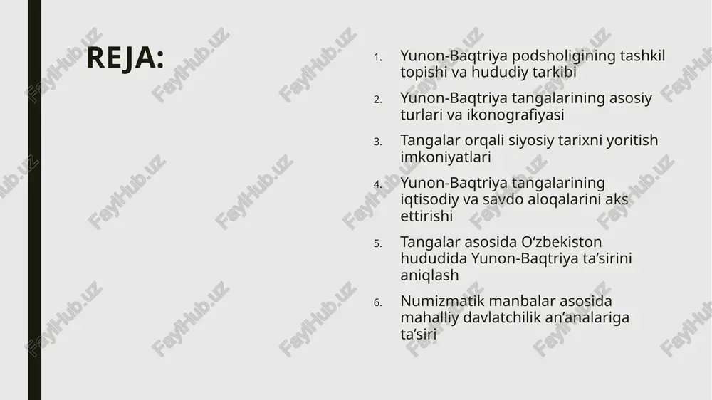 ining eng uzoq cho‘qqisi" deb ataydilar. chunki u yunon siyosiy-institutsional modelini sharq muhitiga moslashtirib, mustaqil tarzda ishlata olgan yagona hellenistik davlat bo‘lgan. yunon-baqtriya podsholigi tangalaridagi hukmdor tasvirlari, yunon alifbosidagi yozuvlar va lotin tarixchilari bergan ma’lumotlar ushbu davlatning o‘ziga xos siyosiy tizimga ega bo‘lganligini isbotlaydi. yunon-baqtriya tangalarining asosiy turlari va ikonografiyasi yunon-baqtriya podsholigi davrida zarb qilingan tangalar tarkibi asosan oltin, kumush va bronza metallaridan iborat bo‘lgan. kumush tangalar eng ko‘p uchraydi va ular, odatda, drahma, tetradrahma, hemidrahma kabi birliklarda zarb qilingan. oltin tangalar esa asosan statir yoki dinar deb atalgan va odatda hukmdorlar yoki harbiy yurishlar sharafi uchun chiqarilgan. agatokl, demetriy, menandr va evkratid davrida katta miqdorda tangalar zarb qilingan. eng ko‘p tarqalgan tangalar — tetradrahma bo‘lib, ularning vazni 16–17 gramm atrofida bo‘lgan. shuningdek, ayrim bronza tangalar kichik nominal birliklarda bo‘lib, ular ichki bozorlarda muomalada bo‘lgan. baqtra (balx), ai xanum, marv, kampirtepa va qunduz atrofida joylashgan qadimgi zarbxonalar faoliyat yuritgan. bu …