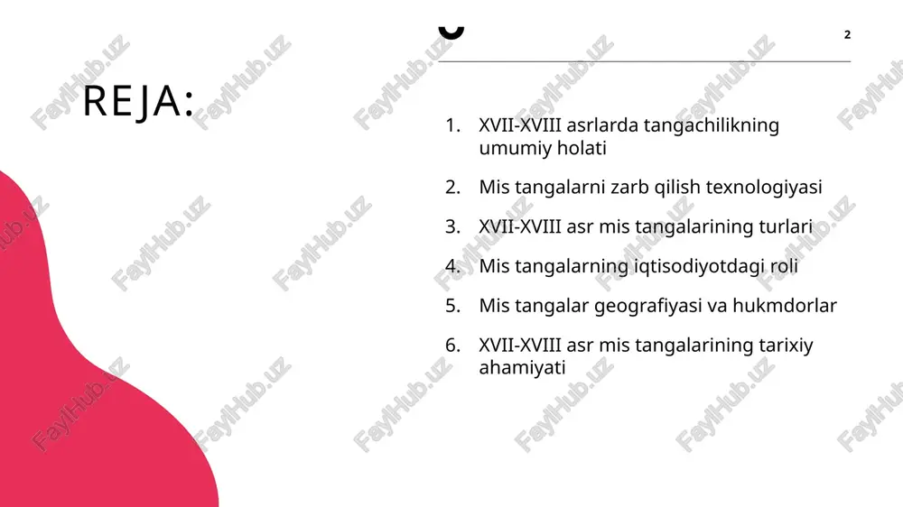 g tarqalgan edi. 1. kichik savdolardagi roli bozorlarda non, sabzavot, mato, kulolchilik buyumlari, yog‘ va shirinliklar kabi mahsulotlarni sotib olishda mis tangalar ishlatilgan. katta savdolarda esa ko‘proq kumush va oltin tangalar ishlatilgan bo‘lsa-da, mayda oldi-berdilar aynan mis tangalar bilan amalga oshirilgan. 2. ish haqi va soliqlar ko‘plab hunarmandlar va mardikorlarning ish haqi mis tangalar bilan berilgan. shuningdek, mahalliy soliqlar va bojlar ham ko‘pincha mis tangalar orqali to‘langan. mis tangalarni zarb qilish texnologiyasi xvii-xviii asrlarda mis tangalarni zarb qilish texnologiyasi ancha rivojlangan bo‘lib, davlatlar tangalarni ishlab chiqarish jarayonini yaxshilashga harakat qildilar. bu jarayon quyidagi bosqichlardan iborat edi: xom ashyo tayyorlash – mis rudasi qazib olinib, eritish yo‘li bilan sof metallga aylantirilgan. qoliplar tayyorlash – tangalar uchun maxsus metall qoliplar yasab chiqilgan. zarb qilish – tangalar qo‘lda yoki dastlabki mexanik presslar yordamida bosilgan. nazorat va muomalaga chiqarish – yangi zarb qilingan tangalar vazni, diametri va sifatiga ko‘ra tekshirilib, muomalaga chiqarilgan. ba’zi davlatlarda …