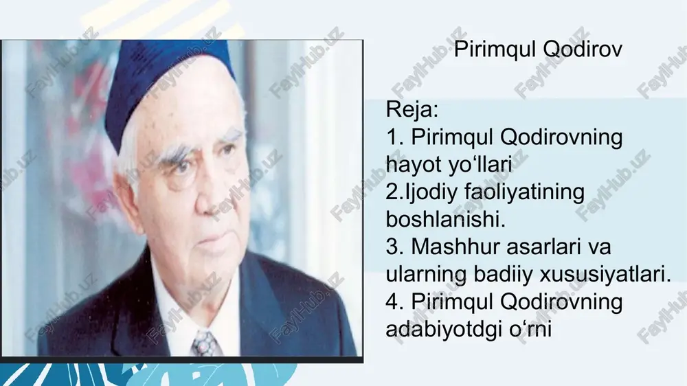 ko‘plab namoyandalarini o‘zbek tiliga tarjima qilib, milliy adabiyotni boyitdi. pirimqul qodirov o‘zbekiston xalq yozuvchisi unvoniga sazovor bo‘lgan. uning asarlari bugungi kunda ham o‘rta maktablar va oliy taʼlim muassasalarida o‘rganilmoqda. yosh avlod uni o‘ziga ustoz deb biladi. "yulduzli tunlar" — tarixiy asar emas, ruhiy sayohat: ko‘pchilik bu roman faqat tarixiy asar deb o‘ylaydi, ammo aslida u alisher navoiy ruhiy dunyosi, ichki kurashi va hayotiy falsafasini badiiy talqinda ochib beradi. asar orqali yozuvchi o‘z davri muammolariga ham kinoya bilan murojaat qiladi. tarjimonlik faoliyati — adabiy ko‘prik: u ernest xeminguey, lev tolstoy, anton chexov kabi mualliflarning asarlarini o‘zbek tiliga tarjima qilgan. bu bilan u o‘zbek o‘quvchisiga jahon adabiyotining eng sara namunalarini yetkazgan. 9 xulosa: pirimqul qodirov ijodi — bu o‘zbek xalqining tarixi, ruhiyati va or-nomusini aks ettirgan, yosh avlodni vatanparvarlik va maʼnaviyatga undovchi bebaho adabiy merosdir. foydalanilgan adabiyotlar: shermuhamedov r. „pirimqul qodirov“. t.: adabiyot va sanʼat, 1983. sharafiddinov o. "adabiy etyudlar". t.: adabiyot …