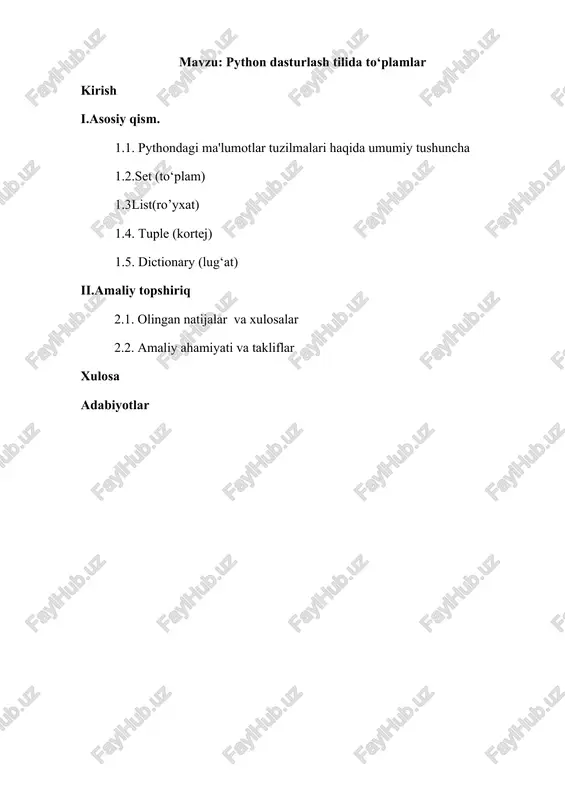 ilganda parametriga qiymat sifatida ro'yxat yoki kortej ham berilishi mumkin: tubsonlar = [2,3,5,7,11] tubsonlartuplami = set(tubsonlar) print(tubsonlartuplami) # {2, 3, 5, 7, 11} 65 66 ayniqsa set() funksiyasi bo'sh to'plam hosil qilish uchun juda qulay hisobladi: amallarni bajarish mumkin bo'lib, ular metod va funksiyalar orqali amalga oshiriladi. quyida ulardan eng ko'p qo'llaniladiganlarini qarab chiqamiz son = set() print(son) # set() to'plam uzunligi (to'plam elementlari soni) ni toppish uchun len() funksiyasidan foydalaniladi: son = {3,4,5,6} print(len(son)) # 4 to’plamga element qo’shish. to'plamga element qo'shish uchun add() metodidan foydalaniladi: son = set() son.add(2) son.add(4) print(son) # {2, 4} to’plamdan elementni o’chirish. to'plamdan elementni o'chirish uchun remove() metodi qo'llanilib, uning argumentiga o'chirilishi kerak bo'lgan element beriladi. agar o'chirilishi kerak bo'lgan element to'plamda mavjud bo'lmasa, u holda keyerror istisno xatoligi ro'y beradi. shuning uchun to'plamdan elementni o'chirishdan oldin in operatori orqali shu elementning lug‟atda mavjud yoki yo'qligini tekshirish tavsiya qilinadi: ismlar = {"anvar", "abbos", …