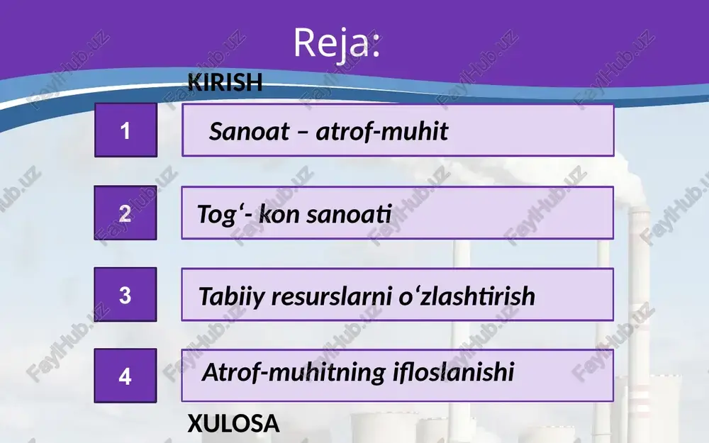 ydigan stansiyaga nisbatan esa 100 barobar ko‘proq ifloslaydi. bundan tashqari, bu gazlar, havoga chiqarib yuboriladigan kata miqdordagi chang va aerozol chiqindilar qon-tomir, bronxit, ekzema, rak kabi kasalliklarni keltirib chiqaradi. juda kam kuzatilsa-da, aes larda bo‘lib turadigan falokatlar, ayniqsa, chernobildagiga o‘xshash falokatlar, tom ma’noda dunyoviy ekologik xavfni keltirib chiqaradi. xulosa jamiyatlar energiyadan transport, ishlab chiqarish, yoritish, isitish, havoni tozalash, aloqa, sanoat, tijorat va maishiy maqsadlarda foydalanadi[5]. energiya resurslari birlamchi manbalar sifatida tasniflanishi mumkin, bunda resurs asosan asl shaklida ishlatilishi mumkin yoki energiya manbasini qulayroq foydalanishga yaroqli shaklga aylantirish kerak boʻlgan ikkilamchi resurslarga boʻlinadi. qayta tiklanmaydigan resurslar inson foydalanishi natijasida sezilarli darajada tugaydi, qayta tiklanuvchi resurslar esa insonning cheksiz ekspluatatsiyasini davom ettira oladigan jarayonlar natijasida ishlab chiqariladi e’tiboringiz uchun rahmat! image2.jpg image3.jpeg image4.jpeg image5.jpeg image6.jpeg image7.jpeg image8.jpeg image9.jpeg image10.jpeg image11.jpeg image12.jpeg image13.jpeg image14.jpeg image15.jpeg image16.jpeg image17.jpeg image18.jpeg image19.jpeg image20.jpeg image1.jpg /docprops/thumbnail.jpeg