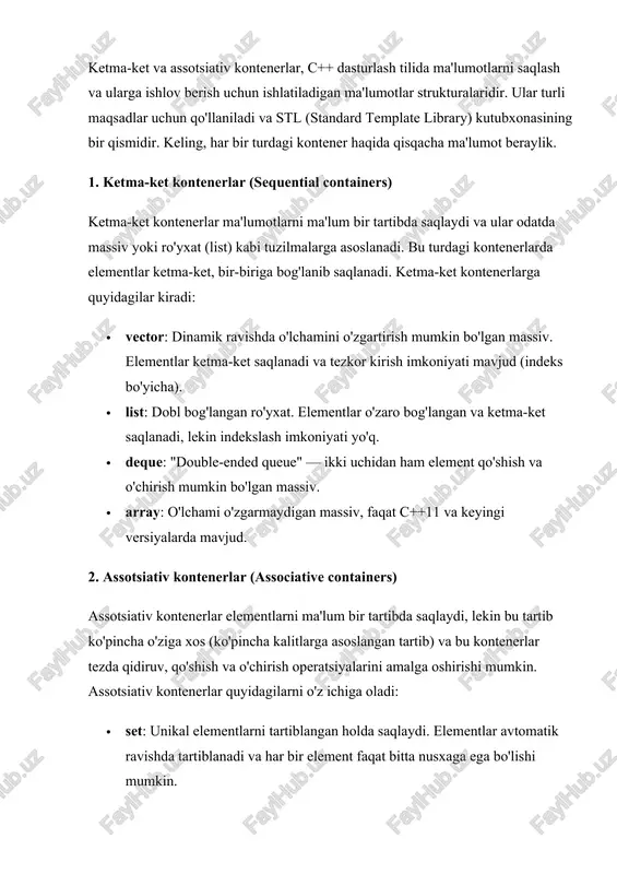 bilan o'xshash, lekin bir xil kalitga bir nechta qiymatlar bog'lanishi mumkin. foydalanish misollari ketma-ket kontenerlar (misol: vector) cpp kopirovat kod #include #include int main() { std::vector v = {1, 2, 3, 4, 5}; // elementga kirish for (int i = 0; i #include int main() { std::map m; m[1] = "bir"; m[2] = "ikki"; m[3] = "uch"; // elementlarga kirish for (const auto& pair : m) { std::cout << pair.first << ": " << pair.second << std::endl; } // ma'lum bir kalit bo'yicha qiymatga kirish std::cout << "kalit 2: " << m[2] << std::endl; } ketma-ket va assotsiativ kontenerlarning farqlari. ketma (key-value) va assotsiativ (associative) kontenerlar o'rtasidagi farqni tushunish uchun, ularning ishlash prinsiplarini va qanday vazifalarni bajarishini ko'rib chiqish kerak. 1. ketma (key-value) kontenerlar: · bu kontenerlar ma'lumotlarni kalit (key) va qiymat (value) juftligi sifatida saqlaydi. · har bir kalit faqat bitta qiymatni ifodalaydi. · odatda, bu turdagi ma'lumotlar bazasida …