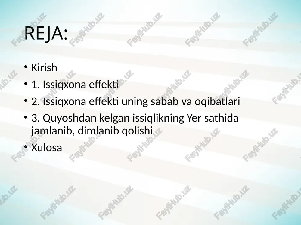 dan uzatilayotgan infraqizil nurlanishning katta qismi atmosferada suv bug’lari, karbonat angidrid va boshqa tabiiy “issiqxona gazlari” tamonidan yutiladi. bu gazlar energiyani to’g’ridan–to’g’ri yer sirtiga utishiga imkon bermaydi. atmosferada ko’plab o’zaro ta’sirlashuvchi jarayonlar (shudring, qirov, tuman, havo oqimlari, bug’lanish, bulutlar hosil bo’lishi, yomg’ir yog’ishi) sodir buladi. biz hozirgi kunda, nisbatan sekin bo’lsada ana shunday o’zgarishlarni keltirib chiqarmoqdamiz. biz atmosfera tarkibidagi gazlar muvozanatini o’zgartirdik va bunda davom etmoqdamiz. bu fikr ayniqsa asosiy “issiqxona gazlari”- karbonat angidrid (so2), metan (sn4) va azot oksidi (n2o) uchun to’g’ridir. suv bug’lari eng muhim issiqxona gazlari hisoblanadi, lekin inson faoliyati unga to’g’ridan - to’g’ri ta’sir kursatmaydi. bugungi kunda atmosferada karbonat angidrid va boshqa zaharli gazlarning ortishi jonli organizmlar uchun har tamonlama salbiy ta’sir ko’rsatadi. a. r. vinogradov ma’lumotiga asosan atmosferada 2330 mlrd tonna karbonat angidrid gaz mavjudligi ta’kidlangan. agar yer atmosferasidagi karbonat angidrid gazi miqdori ortib ketsa, kislorod miqdori 5% ga kamaysa tirik organizmning nafas olishi qiyinlashadi. …