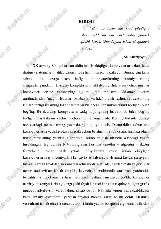 engayishi foydalanuvchilar uchun qulay bo’lgan grafik muloqot interfeysini yaratilishiga sabab bo’ldi. natijada yuqori murakkablikdagi katta amaliy dasturlarni yaratish foydali hamda zarur bo’lib qoldi. dasturiy vositalarni ishlab chiqish uchun qurol sifatida yuqori bosqichli algoritmik tillardan foydalanildi. bu dasturiy vositalar dasturchi va dasturchilar guruhi imkoniyatlarini kengaytirib, dasturiy mahsulotlarning murakkablik darajasining ortishiga ham sabab bo’ldi. hozirgi kunda c# dasturlash tili yuqori bosqichli dasturlash tillari ichida eng samarali dasturlash tillaridan hisoblanadi. c# dasturlash tilida dastur tuzish uchun visual studio .net muhitidan foydalanamiz. c# dasturlash tili obektga mo’ljallangan dasturlash tili hisoblanadi. ushbu qo’llanmada c# dasturlash tili va uning operatorlari haqida ma’lumotlar keltirilgan. bilamizki ma’lumotlarni oqish va yozish turli xil oqimlar orqali amalga oshiriladi. ma’lumotlarni fayl oqimlari orqali o’qish va yozish juda katta ahamiyatga ega. sababi agar bir ma’lumotlarni ekran orqali o’qisak va yozsak unda har safar dasturni ishga tushurganda ma’lumotlarni qaytadan kiritishga to’g’ri keladi bu esa ancha qiyinchiliklar tug’diradi. bundan tashqali natijalarni tahlil qilishda, ularni …