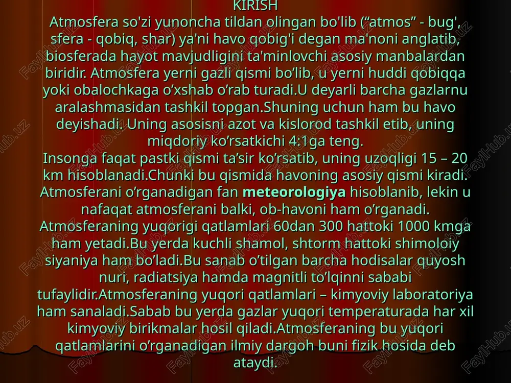 nuri ta’sirida yuqorida kislorod atom holiga o’tadi.atom holidagi kislorod esa atmosferaning yuqori qatlamining asosiy tarkibi hisoblanadi.undan tashqari yengil gazlar vodoro hamda geliy ham yuqorigi qatlamning asosiy tarkibi hisoblanadi. shunga qaramasdan 30 km pastdagi qatlam yuqorigi ya’ni 100 km bilan uncha farq qilmaydi. atmosferaning asosiy vazifalari quyidagilar: o’z tarkibida kislorod mavjud bo’lib, tirik jonzotlarni nafas olish uchun imkoniyat yaratadi; karbonat angidrid mavjud bo’lib, o’simliklarni fotosintez qilishiga yodam beradi; ultrabinafsha nurlardan organizmlarni saqlydi; yer yuzasidagi issiqlikni saqlab turib, ob-havoni boshqarib turadi; yer yuzasidagi modda ayniqsa gaz moddalarni aylanishida kata rol o’ynaydi; suv bug’larini planetga o’tkazadi; uchar holatdagi organizmlar uchun qulay muhit hisoblanadi; kimyoviy energiya va xom- ashyo manbasi hisoblanadi; gaz va changlarni o’ziga abul qiladi. atmosfera qobig'i quyidagi qatlamlarga bo'linadi. 1. troposfera – yer sirtida 0-15 km gacha, temperature +15 dan -56 gacha; 2. stratosfera – 15-50 km gacha, temperature -56 dan -2 gacha; 3. mezosfera – 50-80 km gacha, temperaturasi -2 …