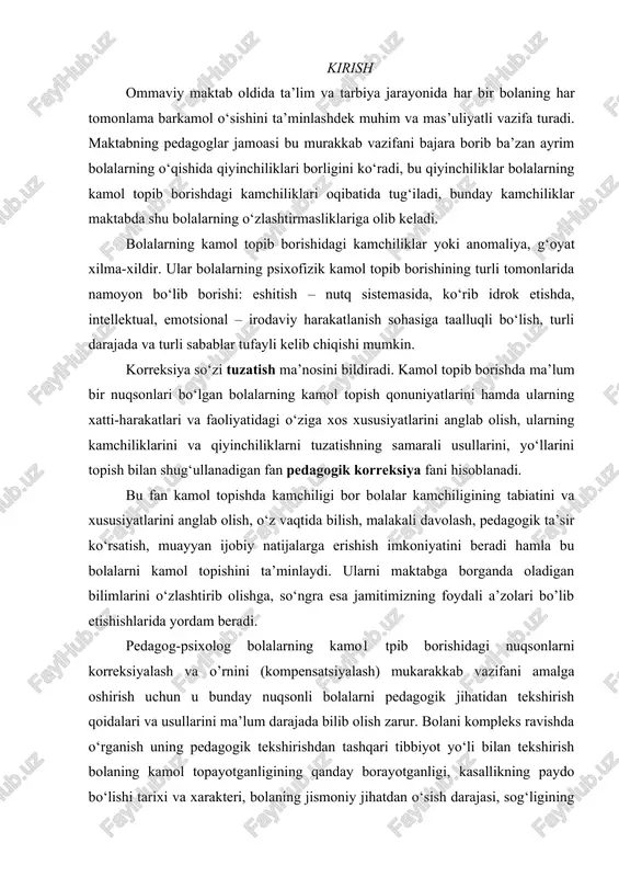 lalarning kamo1 tpib borishidagi nuqsonlarni korreksiyalash va o’rnini (kompensatsiyalash) mukarakkab vazifani amalga oshirish uchun u bunday nuqsonli bolalarni pedagogik jihatidan tekshirish qoidalari va usullarini ma’lum darajada bilib olish zarur. bolani kompleks ravishda o‘rganish uning pedagogik tekshirishdan tashqari tibbiyot yo‘li bilan tekshirish bolaning kamol topayotganligining qanday borayotganligi, kasallikning paydo bo‘lishi tarixi va xarakteri, bolaning jismoniy jihatdan o‘sish darajasi, sog‘ligining holati, asab sistemasining, ko‘zi va qulog‘ining xususiyatlari, intellektning emotsional irodaviy sifatlari, psixik faoliyatining xarakteri to‘g‘risidagi ma’lumotlar, logopedik tekshirishlar, ota-onasi, yaqin qarindoshlarining sog‘ligi haqidagi ma’lumotlarni o‘z ichiga oladi. bola kamol topishida yuqorida ko‘rsatilgan ma’lum kamchiliklari bo‘lgan bolalarni yordamchi maktablarda o‘qitiladi. maxsus bolalar muassasasini to‘g‘ri komplektlash, unda ta’lim tarbiya va korreksiya ishini amalga oshirish uchun g‘oyat katta ahamiyatga egadir. bolalarning har bir maxsus muassasasi oldida turgan vazifalarga muvofiq suratda komplektlash o‘tkazilgan taqdirdagina bunday muassasada o‘quv-pedagogika ishining mundarijasini to‘g‘ri belgilash mumkin bo‘ladi va har bir bola uchun undagi mavjud nuqsonlarni korreksiyalash va kompensatsiyalashga zarur bo‘lgan …
