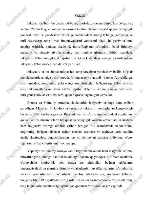 'qituvchilar nogironlik yoki o'ziga xos ehtiyojlari bo'lgan talabalarni integratsiyalash va ularning ijtimoiy va akademik muvaffaqiyatlarini ta'minlashda maxsus yondashuvlarni qo'llashadi. janubiy afrikada esa, inklyuziv ta'limga bo'lgan e'tibor 1990-yillardan so'ng oshdi va ta'lim tizimida barcha o'quvchilarning teng huquqlarini ta'minlashga qaratilgan qonunlar va siyosatlar joriy qilindi. o'zbekistonda inklyuziv ta'limni amalga oshirish uchun ijobiy qadamlar tashlandi. respublikada ta'lim tizimining inklyuziv yondashuvni qo'llashga qaratilgan turli tashabbuslar va loyihalar amalga oshirilmoqda. o'zbekistonda inklyuziv ta'limga yondashuv o'zbekistonda inklyuziv ta'limning asosiy maqsadi - nogironligi bo'lgan o'quvchilarni umumiy ta'lim maktablariga jalb qilish va ularning ta'lim olishda teng imkoniyatlarini ta'minlashdir. respublikada bir qator o'quv muassasalarida maxsus ehtiyojlari bo'lgan bolalar uchun individual yondashuvlar qo'llanilib, ular uchun o'ziga xos o'quv dasturlari ishlab chiqilmoqda. shuningdek, ta'lim tizimining barcha bo'g'inlarida inkluziv ta'limni amalga oshirish uchun zarur infratuzilma yaratish ishlari olib borilmoqda. tashkiliy va me'yoriy-huquqiy asoslar o'zbekistonda inklyuziv ta'limning rivojlanishi uchun bir qator me'yoriy-huquqiy hujjatlar va dasturlar ishlab chiqilgan. "ta'lim to'g'risida"gi qonun va "nogironligi bo'lgan …