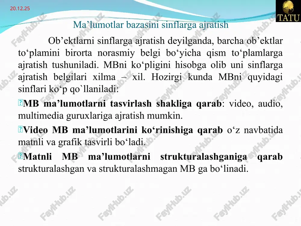 ompyuterlar va ma’lumotlar bazasi amazon.com sotib olish ruyxati mahsulot harakati, narxi, kredit karta, foydalanuvchi malumotlari asosiy etibor xavfsizlikka qaratilgan malumotlar kompaniya uchun juda muhim xisoblanadi sotib olinadigan ruyxat 5-20 malumotlar tushunarli ko’rinishda keltiriladi xavsizlik muhim emas * * ma’lumotlarni boshqarish tizimi (database management system) foydalanuvchilarga ma’lumotlarni yaratish, saqlash, o’zgartirish va uzatishni boshqarish uchun maxsus ishlatiladigan dastur. katta hajmdagi ma’lumotlarni qayta ishlashni yengillashtirish xafsizlikni ta’minlash zaxira (backups) ma’lumotlarni import/export qilish boshqa dastur bilan muloqatni ta’minlash * * ma’lumotlar bazasini boshqarish tizimi (database management system) ma’lumotlar bazasi, mbbt tizimi yordamida ma’lumotlarni yaratish, saqlash, o’zgartirish va uzatish funktsiyasini bajaradi. * * amazon.com ma’lumotlar bazasi diagrammasi fizik tasvirlashda ma’lumotlar mashinani tashqi xotirasida saqlashi bilan farqlanadi. mantiqiy tasvirlashda esa amaliy dasturchi yoki foydalanuvchi tomonidan ma’lumotlarni tasvirlash ko‘rinishi tushuniladi. * a yozuv b yozuv c yozuv yozuv…. yozuv…n fizik joylashuvi a yozuv c yozuv b yozuv dasturiy vosita ajratib beradi mantiqiy yozuvlarni joylashuvi ma’lumotlar bazasini uch …