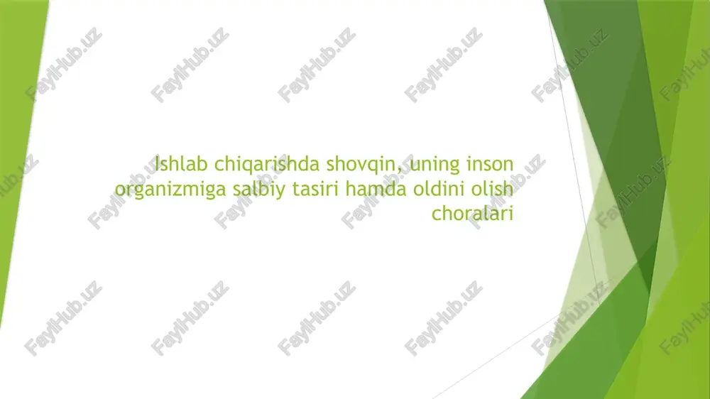 tulqinlaridir. shovqin turlari: 1 doimiy shovqin-uzgarmas intenseflikdagi shovqin 2 uzgarivchan shovqin-intensefligi yoki chastotasi vaqt utishi bilan uzgaradi 3 impulsli shovqin –qisqa muddatli kuchli tovush tulqini 1.2 ishlab chiqarishdagi shovqin manbalari 1. mexanik uskunalar va apparatlar: 2. ishlab chiqarish jarayonlari: 3. havo oqimlari va pnevmatik asboblar: 4. elektron asboblar: 5. yuqori tezlikdagi jarayonlar: 6. konstruktiv va muhandislik shovqinlari: 1.3 ishlab chiqarishda sodir bo‘ladigan shovqinlarni o‘lchash usullari 1. shovqinni o‘lchash qurilmalari yordamida (instrumental usul) bu eng keng tarqalgan va ishonchli usul hisoblanadi. decibelmeter (db o‘lchagich, shovqin o‘lchagich): atrofdagi tovush darajasini desibel (db) birligida o‘lchaydi. integratsion shovqin o‘lchagich (sound level meter): uzoq vaqt davomida o‘rtacha shovqin darajasini o‘lchaydi. dozimetr: ishchi shaxsning qulog‘i yaqiniga taqiladi va kun davomida u duch keladigan umumiy shovqin miqdorini hisoblaydi. spektral analizator: shovqinning chastota spektrini o‘lchaydi (ya’ni qaysi chastotalarda kuchliroq ekanini ko‘rsatadi). 2. akustik model va hisoblash usullari kompyuter dasturlari yordamida ishlab chiqarish maydonining akustik modeli tuziladi. shovqin manbalari, …