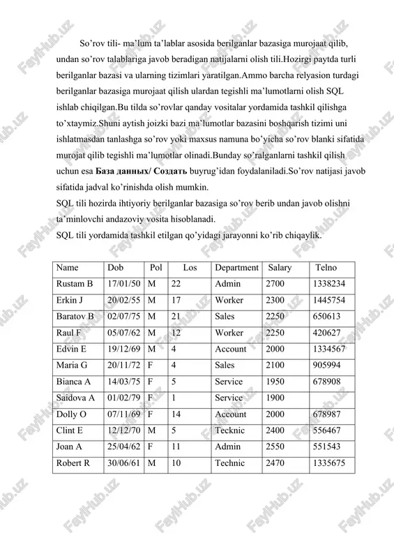 satr aniq hizmatchi xaqidagi ma’lumotni o’z ichiga oladi. xar bir ustun esa har hil uzunlik va turga ega ekanligini etiborga olib boramiz.nami ustunida fabrika xodimlarining familiyalari qo’llanilmoqda, ya’ni maksimal uzunligi 15 o’ringa ega bo’lgan so’zlar. keyingi dob ustuni sana turiga, bosqa uzunlikka va h.k. ga ega. ustunning turi va uzunligi uning atributlari hisoblanadi. 1-ustundan ko’rinib turibdiki, bu ta’raflar har xil va shuning uchun ham jadvalni belgilashda ular tegishli tarzda aniqlanishi kerak. nihoyat, 1-jadvalni boshqa jadvaldan ajrata olish uchun u o’zining nomiga ega bo’lishi kerak. shu yerda va bundan buyon ham 1-jadvalga “factory” nomini o’zlashtirdik. jadvallarni tuzishda, ularda 2 ta butunlay bir xil satr bo’lmasligi kerak. shuni e’tiborga olish kerakki, jadvaldagi hamma ustunlar ham bir ma’noda har bir satrni aniqlayvermaydi. masalan, pol, los, salary ustunlari bir-birini nusxasini oluvchi nomlarni o’z ichiga oladi. bu shuni anglatadiki, ular kam funksional yuklamaga ega, ya’ni ular har bir satrni bir ma’noda aniqlash uchun yaroqli emas. …