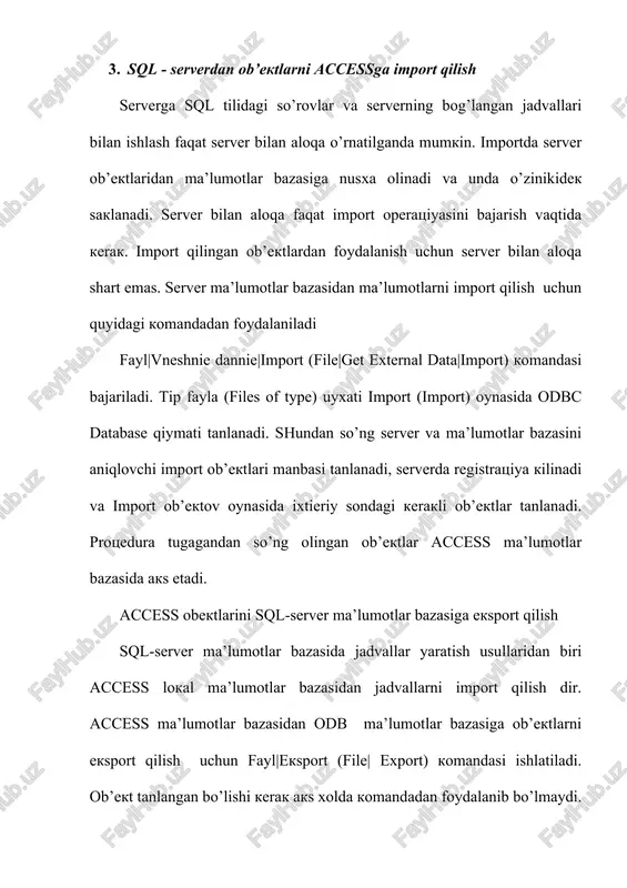 identifikator, parol va foydalanuvchining amallarni o’tkazishga xukuki tekshiriladi. agar foydalanuvchi amallar o’tkazishga xukuki bo’lsa ob’ekt server ma’lumotlar bazasiga yoziladi. serverda saqlangan eksport qilingshan jadval bilan jadval manba orasida to’la birxillik yo’q. masalan eksport qilingan jadval kalit ta’rifini saqlamaydi. replikatsiya replikatsiya bu bir yoki bir necha foydalanuvchilarning bitta xujjat, ma’lumotlar bazasi yoki boshqa turdagi fayl bilan turli kompyuterlarda bir biridan mustaqil ishlash uslubi bo’lib, bu uslubda o’zgaraetgan fallarning umumiy versiyasi mavjud bo’ladi va eng oxirgi mustaqil qilingan o’zgarishlar aks etadi. aniqrok qilib etganda replikatsiya - bu fayllar nusxalarini yaratish jarayoni bo’lib, ular orasida yangilanaetgan ma’lumotlar yoki ob’ektlar almashishi mumkin. bunday nusxalar replikalar, almashuv bo’lsa sinxronizatsiya deyiladi. ma’lumotlar bazalari, access loyhasilari va boshqa fayllar replikatsiyasi bir necha usullari mavjud. portfel replikatsiyasi –microsoft windows operatsion tizim vositasi. u ko’pgina tipdagi fayllar replikatsiyasini amalga oshirishga imkon beradi, shu hisobda access ma’lumotlar bazasi(mdb fayllar), access (adp fayllari) loyhasilaridan tashqari. ma’lumotlar bazasi va loyhasilarini access vosilari …