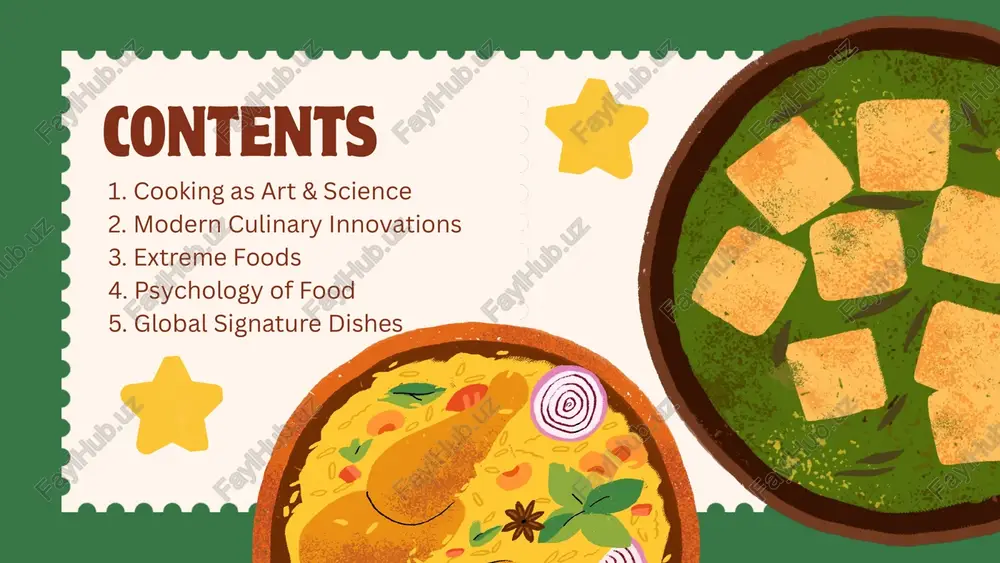 a) – live octopus. must-try signature dishes 1. japan: sushi. 2. italy: carbonara (no cream!). 3. mexico: tacos al pastor. 4. india: biryani. 5. france: croissant. psychology of taste & presentation - colors: red/yellow = hunger triggers. - plating: beautiful food *tastes* better. - crunch: signals freshness (addictive!). - umami: the "fifth taste" = crave more. crazy food myths – busted! 1. "carrots improve eyesight" → wwii propaganda. 2. "msg is bad" → no scientific proof. 3. "spicy food causes ulcers" → false! aids digestion. 4. "eating after 8 pm makes you fat" → myth! calories matter, not timing. 5. "sushi = raw fish" → wrong! it’s about the rice. activity time: "sing that recipe!" let’s spice things up with music and food! each team picks 1 uzbek recipe card + 1 surprise music genre card from the bowl. your challenge? sing the recipe in the style of the music …