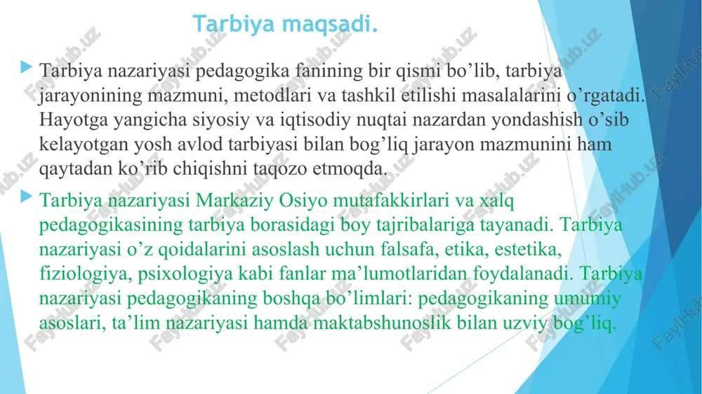 azifalari murakkablashib, chuqurlashib, tabaqalashib boradi. ijtimoiy tarbiyani tashkil etish jarayonida bir qator vazifalar ijtimoiy tarbiya maqsadidan kelib chiqib belgilanadi. mustaqil o’zbekiston respublikasida ayni vaqtda yosh avlodni tarbiyalab voyaga yetkazishga qaratilgan jarayonda quyidagi vazifalarnihal etish muhim ahamiyat kasb etmoqda: a) yoshlarni ijtimoiy hayotga tayyorlash, ularda keng dunyoqarashni tarkib toptirish, o’z shaxsiy turmushiga maqsadli yondashish, reja va amal birligi hissini uyg’otish; b) o’quvchilarni milliy va umuminsoniy qadriyatlardan ogoh etish, chuqur bilimga, tafakkurga ega yoshlarni tarbiyalash, malakalarni tobora boyitish; d) umuminsoniy axloq mehyorlarini anglashni (odamiylik, kamtarlik, o’zaro yordam, mehr-muhabbat, muruvvat, adolatni yoqlash, axloqsizlikka qarshi nafrat va h.k.), muomala odobi, yuksak madaniyatni o’quvchilarda qaror toptirishga erishish; e) huquqiy va axloqiy mehyorlarga hurmat ruhida yondashish, o’quvchilarda fuqaroliktuyg’usini, ijtimoiy burchga mashullikni qaror toptirish; f) tarbiyani muhofaza qilish, mexnat muvozanatni yuzaga keltirish borasidagi mashuliyatni tarkib toptirish; vazifalar g) vatanparvarlik va baynalminallik tuyg’usini shakllantirish, o’zga millat va xalqlar qarashlariga hurmatni, huquq va burchlarni kamsitmaslik tuyg’usini qaror toptirish; h) …