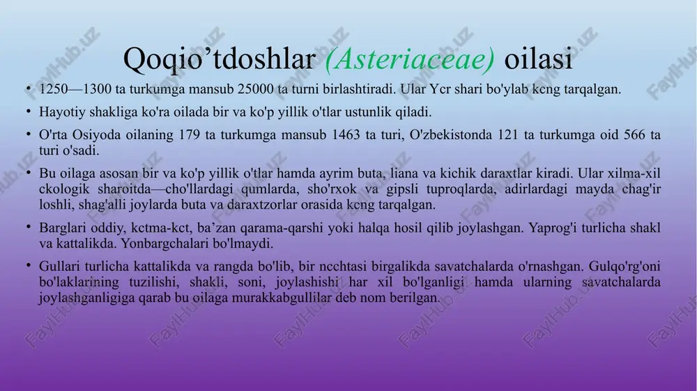 avatcha kungaboqarniki bo'lib, diametri 20—40 sm ga yctadi. qoqio’tdoshlar (asteriaceae) oilasi bu oila vakillari gul tuzilishiga ko’ra 2 ta oilachaga bo’linadi: 1.sutcho’pdoshlar (lactucoideae):to’pguli asosan tilsimon gullardan tashkil topgan 2.qoqio’tdoshlar (asteroiadeae):savatchasi asosan naychadan tashkil topgan 1.sutcho’pdoshlar (lactucoideae) oilachasining turkumlari: sutcho’p(laktuca) to’qsaqich (scorzonera) bo’tako’z (centaurea) sachratqi (cichorium) takasaqol (trogopogon) karrak (cousinia) 2.qoqio’tdoshlar (asteroiadeae) oilachasining turkumlari qoqio’t (taraxacum) andiz (inula) shuvoq(artemisia) kungaboqar (helianthus) ermon (a.absinthum) moychechak(matricaria) qoqio‘t (taraxacum) turkumi. bu turkumga asosan ko'p yillik va ikki yillik o'q ildizli o'tlar kiradi. o'simlikning dcyarli hamma qismida sut shirasi bor. barglari ildiz bo'g'zida joylashgan, nashtarsimon, chetlari turli darajada qirqilgan. savatcha (to'pguli) to'pbarg o'rtasidan chiqqan, ichi bo'sh gulband uchida joylashgan. gullari sariq rangli. mcvasi (pistasi) cho'ziq, uchi tukli (popukli). erta bahordan yoz oylarigacha gullab, mcva bcradi. o'zbekistonda cho'ldan to tog' mintaqasigacha bo'lgan hududlarda keng tarqalgan. turkumning dorivor qoqio't yoki momoqaymoq (taraxacum officinale) nomli turidan dorivor o'simlik sifatida foydalaniladi. u pastki barglari yerga yotib o'sadigan ko'p yillik …