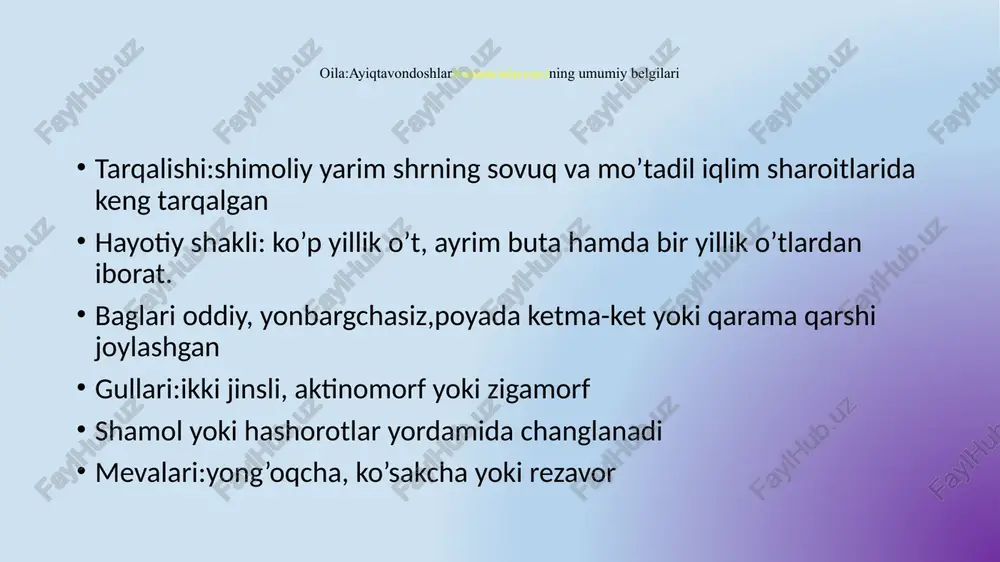 hun ayrim turlari manzarali o’simlik sifatida o’stiriladi sedana(nigella) poyasi tik o’sgan barglari patsimon yoki panjasimon bir yillik o’t o’simlik kosachbargi 5 ta,ko’kish,tojibargi 5-8 ta,mayda shiradonli, changchisi seksiz,urug’chisi 2-10 ta,urug’ida bir,40 foiz efir moyi saqlaydi urug’i uchun ko’p joylarda ekiladi o’rmalovchi ayiqtovon(rananculus repens) 15-70 sm,ko’p yillik,ildizpoyali o’t o’simlik bo’lib,ariq va soy bo’ylarida o’sadi poyasi yer bag’irlab yoki yerdan biroz ko’tarilib o’sadi, barglari bandli,bir ikki marta 3 bo’lakli, ildizi yonidan chiqqan 3 talik yopirma barglari bor gullari yopiq to’p gulli, qo’sh gulqo’rg’onli ca5co5a-g- qizil kitobga kiragan turlari aconitum seravschanicum aconitum talassicum popov. adonanthe chrysocyatha (hook. f. et thoms.) delphinium knorringianum b.fedtsch. image1.png image2.png image3.png image4.png image5.png image6.png image7.png image8.png image9.png image10.png image11.png image12.png image13.png image14.png image15.png /docprops/thumbnail.jpeg