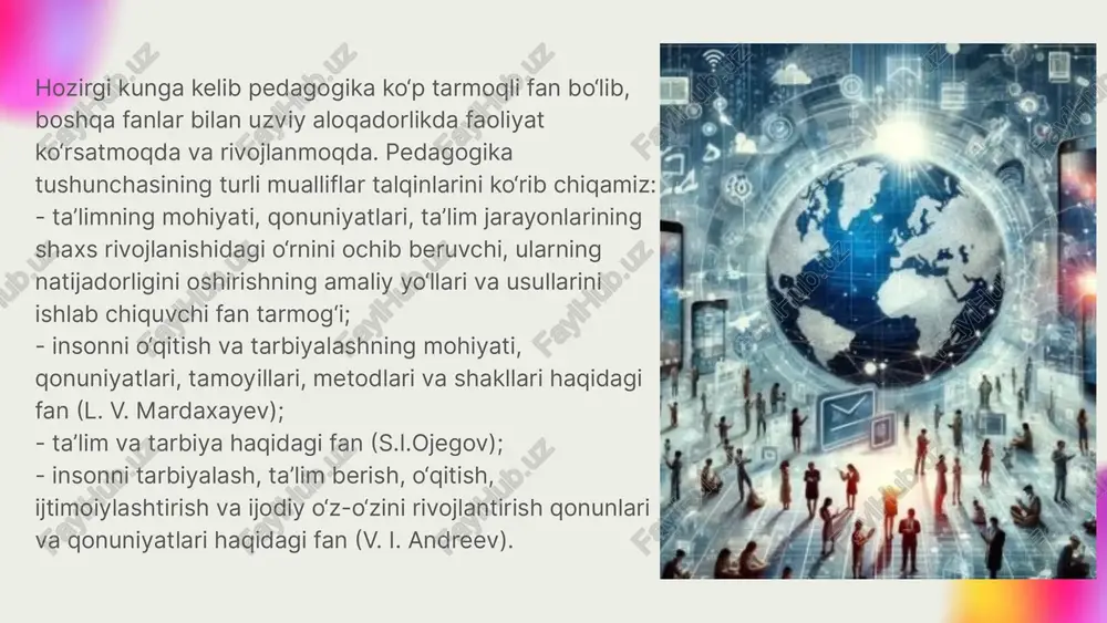 o'z mintaqasining boshqa maktablari, mamlakatning boshqa mintaqalari va hatto dunyoning boshqa mamlakatlaridagi tengdoshlar bilan muloqotning kengligi; u yoki bu muammo, uni har tomonlama o'rganish imkoniyati to'g'risida mustaqil, ammo asosli fikrni shakllantirish maqsadida nafaqat o'z maktabining axborot markazlarida, balki butun dunyodagi ilmiy, madaniy, axborot markazlarida kerakli ma'lumotlarga erkin kirish; kompyuter bilan aloqa qilish xususiyatlari tufayli konstruktiv, algoritmik fikrlashni rivojlantirish; reproduktiv faoliyat ulushini kamaytirish orqali ijodiy fikrlashni rivojlantirish; qiyin vaziyatda maqbul qarorlar qabul qilish qobiliyatini shakllantirish (kompyuter biznes o'yinlari va simulyator dasturlari bilan ishlash jarayonida); axborot madaniyatini shakllantirish, ma'lumotlarni qayta ishlash qobiliyati (matn, grafik va jadval muharrirlari, mahalliy va tarmoq ma'lumotlar bazalaridan foydalanganda). aktdan foydalanishning asosiy pedagogik maqsadlarini ta'kidlaymiz o'quv jarayonining barcha darajalarini intensivlashtirish axborot texnologiyalarini qo'llash orqali o'qitish samaradorligi va sifatini oshirish; . turli mavzular (kompyuter modellashtirish, mahalliy va tarmoq ma'lumotlar bazalari) bo'yicha muammolarni hal qilishda axborotni qayta ishlashning zamonaviy vositalaridan foydalanish natijasida fanlararo aloqalarni chuqurlashtirish. kognitiv faoliyatni faollashtirish uchun stimullarni …
