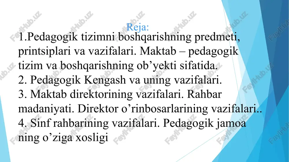 di hamda asosiy natijalarga erishish yo’llarini o’rganishga qaratiladi. yakuniy tahlil uchun ma’lumotlar kundalik va tizimli tahlillar, joriy va oraliq nazorat yakunlari, o’quvchilarning va sinf rahbarlarining hisobot laridan olinadi. har qanday pedagogik jarayonni boshqarishning asosi maksad qo’vish va reialashtirish dan iborat. boshqaruv faoliyatining maqsadi — ishning umumiy yo’na lishi, mazmuni, shakli va metodlarini aniqlash. demak, maqsad — rejaning asosi. boshqaruvda asosiy maqsad aniqlanganidan keyin, unga erishish uchun qo’shimcha maqsad qo’yiladi. ta’lim muassasasini boshqarishni rejalashtirish pedagogik tahlil asosida belgilangan dasturiy maqsadga muvofiq qaror qabul qilishdir. bunday qarorlar ma’lum bir muddat davrida gi ma’lumotlarni tahlil qilish orqali yoki yakuniy ishlarni bajarib bo’lgandan so’ng qabul qilinishi mumkin. ta’lim muassasasini boshqarish amaliyotida rejalashtirishning quyidagi uchta asosiy shakli qo’llaniladi: muddatli (perspektiv); yillik; yakuniy. muddatli rejalashtirish qoidaga muvofiq so’nggi yillarda, ta’lim muassasasida amalga oshirilgan ishlarni chuqur tahlil qilish asosida bir necha yilga mo’ljallab qabul qilinadi. . ta’lim muassasasida, qabul qilinishi mumkin bo’lgan muddatli reja quyidagi ko’rinishda bo’lishi …