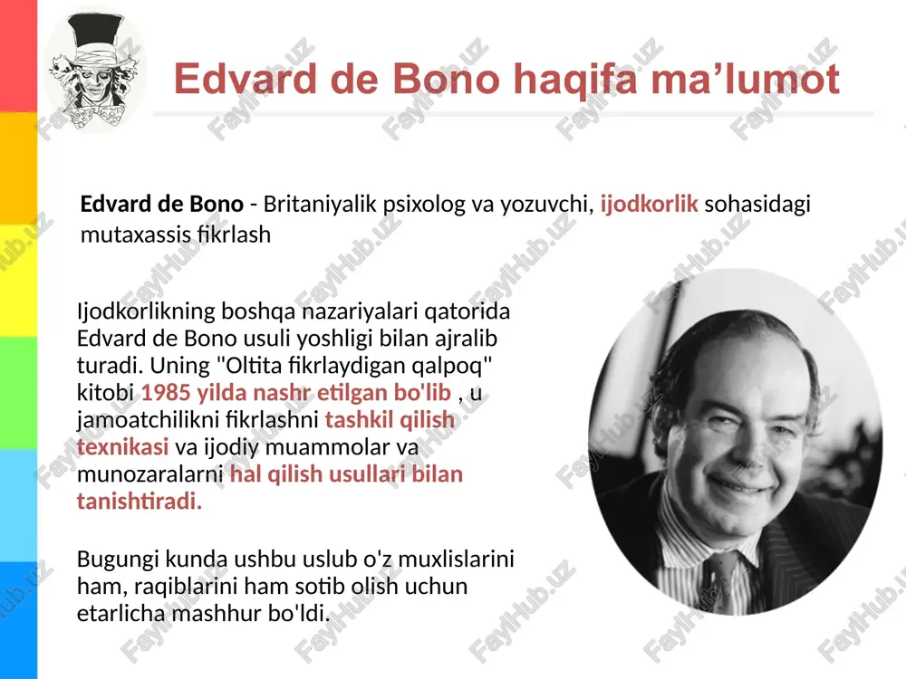 may, biz noaniqlikni boshdan kechiramiz (bu, ayniqsa, murakkab, ko'p qatlamli vazifaga duch kelganimizda yoki biror narsaga birinchi marta duch kelganimizda yaqqol namoyon bo'ladi). chalkashlik. vazifa bilan bog'liq katta hajmdagi ma'lumotlarni saqlab qolishga, mantiqiy, izchil va ijodiy bo'lishga, konstruktiv bo'lishga va hatto atrofimizdagilar (suhbatdoshlar, hamkasblar, sheriklar) ham xuddi shunday moyil bo'lishini ta'minlashga harakat qilsak, bu odatda chalkashlik va tartibsizlikka olib keladi. 4 olti shlyapa "oltita fikrlash qalpoqlari " usuli fikrlash jarayonini olti xil rejimga ajratadi , ularning har biri ma'lum rangdagi metaforik shlyapa bilan ifodalanadi. "oltita fikrlash qalpoqlari" usuli fikrlash jarayonini olti xil rejimga bo'lish orqali yuqoridagi qiyinchiliklarni engishga yordam beradi, ularning har biri ma'lum rangdagi metaforik shlyapa bilan ifodalanadi. ushbu bo'linish fikrlashni yanada yo'naltirilgan va barqaror qiladi va bizni o'z navbatida uning turli jihatlari bilan ishlashga o'rgatadi. 5 oq shapka fikrlash ya'ni bizda mavjud bo'lgan barcha ma'lumotlarga e'tiborni qaratish usuli: faktlar va raqamlar fikrlash shlyapasi bizda mavjud bo'lgan barcha ma'lumotlarga …