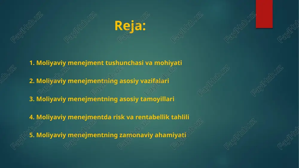 tamoyil — iqtisodiy maqsadga muvofiqlik bo‘lib, barcha moliyaviy qarorlar korxona foydasini oshirishga yo‘naltiriladi. ikkinchi tamoyil — risk va rentabellik muvozanatini ta’minlash. ya’ni, yuqori foyda olish imkoniyatlari ko‘pincha katta xavf bilan bog‘liq bo‘ladi, shuning uchun menejer optimal balansni topishi lozim. uchinchisi — likvidlikni saqlash, ya’ni korxona har doim qisqa muddatli majburiyatlarini bajarishga qodir bo‘lishi kerak. to‘rtinchi tamoyil — kapitalning samarali taqsimlanishi, bu esa moliyaviy oqimlarni to‘g‘ri boshqarish orqali amalga oshadi. ushbu tamoyillar moliyaviy menejmentning konseptual asoslarini tashkil etadi. 4. moliyaviy menejmentda risk va rentabellik tahlili moliyaviy menejmentda risk va rentabellik tahlili muhim o‘rin tutadi. risk — bu kutilayotgan natijadan farq qilish ehtimoli, rentabellik esa investitsiyalarning foydalilik darajasidir. har bir moliyaviy qaror shu ikki omil o‘rtasidagi muvozanatga asoslanadi. menejer risklarni kamaytirish uchun diversifikatsiya, sug‘urta, zaxira fondlarini yaratish kabi usullardan foydalanadi. rentabellik tahlili esa investitsiyalarni tanlash, kredit siyosatini shakllantirish va ishlab chiqarish samaradorligini oshirishga xizmat qiladi. shu orqali korxona nafaqat qisqa muddatli foyda, …