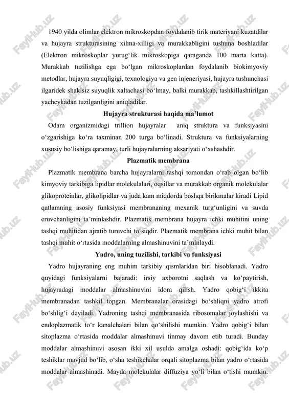 ‘rtasida moddalar almashinuvi tinmay davom etib turadi. bunday moddalar almashinuvi asosan ikki xil usulda amalga oshadi: qobig‘ida ko‘p teshiklar mavjud bo‘lib, o‘sha teshikchalar orqali sitoplazma bilan yadro o‘rtasida moddalar almashinadi. mayda molekulalar diffuziya yo‘li bilan o‘tishi mumkin. yadro tarkibida genetik materialning hujayrasi dnk (dezoksiriboneklein kislota) bo‘lib, asosan ikki funksiyani : 1) oqsillarni sintezlaydi va 2) hujayralarning replikatsiyasi davrida genetik materialning asosi bo‘lib xizmat qiladi. dnk o‘zining kodlariga ega, shular orqali oqsillar sintezi amalga oshadi. rnk (ribonuklein kislota) asosan hujayra sitoplazmasida ribosomalarda joylashgan bo‘lib, uning uchta tiplari bo‘lib, hammasi oqsil sintezida qatnashadi. ribonuklein kislotalarning uglevod komponenti ribozadir. rnk, asosan sitoplazmada, uning ko‘p qismi ribosomada joylashgan. u ribosoma strukturasini, shaklini belgilaydi va oqsil sintezi jarayonida ribosomalar bilan bog‘lanadi va bir kompleks shaklida joylashadi. rnkning uch tipi: transport rnk, ribosomal rnk, informatsion rnk hammasi oqsil sintezida qatnashadi. hujayrada trnk o‘ziga xos funksiyani bajaradi. oqsil sintezi jarayonida faollashgan aminokislotani aminoatsil uchiga biriktirib olib, uni …