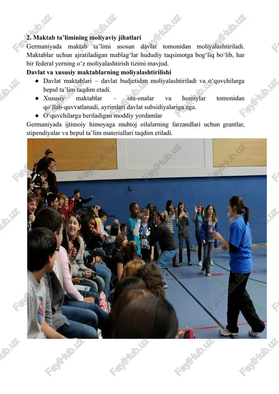 lim materiallari taqdim etiladi. 3. oliy ta’lim va kasb-hunar ta’limi germaniya oliy ta’lim tizimi dunyodagi eng yaxshi tizimlardan biri hisoblanadi va ko‘plab universitetlar davlat tomonidan moliyalashtiriladi. ko‘pgina oliy o‘quv yurtlarida ta’lim bepul yoki juda arzon bo‘lib, talabalar faqat semestr to‘lovlarini to‘laydi. universitetlarning moliyaviy manbalari ●​ davlat mablag‘lari – universitetlar uchun asosiy moliyaviy manba ●​ xususiy sektor ishtiroki – kompaniyalar va homiylar tomonidan qo‘llab-quvvatlash ●​ xalqaro grantlar va loyihalar – yevropa ittifoqi va boshqa xalqaro tashkilotlar ●​ talabalar uchun stipendiyalar va kreditlar germaniyada talabalar uchun turli stipendiyalar va kredit dasturlari mavjud: bafög – davlat tomonidan taqdim etiladigan kredit va grant dasturi daad stipendiyalari – xalqaro va mahalliy talabalar uchun qo‘llab-quvvatlov xususiy fondlar va homiylik dasturlari oliy ta’limning iqtisodiyotga ta’siri germaniya iqtisodiyotida oliy ta’lim muhim rol o‘ynaydi. sifatli ta’lim yuqori malakali kadrlarni tayyorlashga yordam beradi va mamlakatning ilmiy-tadqiqot hamda innovatsion rivojlanishiga hissa qo‘shadi. xulosa qilib aytganda, germaniya ta'lim tizimi moliyaviy jihatdan kuchli …