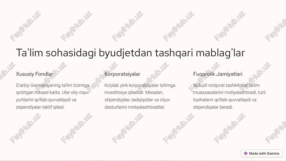 innovatsiyalar patentlar, tadqiqotlar, yangiliklar 3 iqtisodiy o'sish yillik yaim o'sishi, ishlab chiqarish https://gamma.app/?utm_source=made-with-gamma germaniya ta'lim tizimini xorijiy davlatlar bilan taqqoslash mamlakat boshlang'ich ta'lim o'rta ta'lim oliy ta'lim germaniya yuqori yuqori yuqori aqsh o'rta o'rta yuqori xitoy yuqori yuqori o'sib borayotgan https://gamma.app/?utm_source=made-with-gamma germaniya ta'lim tizimining kuchli va zaif tomonlari kuchli tomonlar - yuqori sifatli ta'lim - kuchli tadqiqotlar - yaxshi moliyalashtirilgan zaif tomonlar - talabalar to'lovlari - o'qituvchilar etishmasligi - ba'zi sohalarda raqobat https://gamma.app/?utm_source=made-with-gamma xulosa va takliflar germaniya ta'lim tizimi rivojlangan va samarali. xulosa qilib aytganda, ta'lim sifati va moliyalashtirish darajasi yuqori. shunga qaramay, ba'zi muammolar mavjud. takliflar quyidagicha: - o'qituvchilarni jalb qilishni yaxshilash - talabalar to'lovlarini kamaytirish - raqobatdoshlikni oshirish https://gamma.app/?utm_source=made-with-gamma