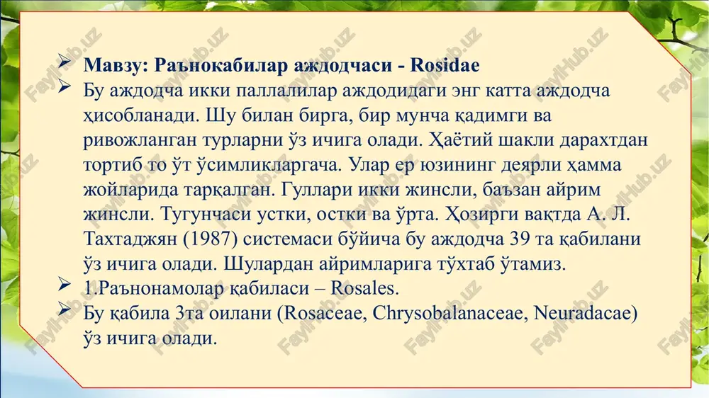 rida, archazorlar, va daryo soxilarida o'sadi. b) itburundoshchalar - rosoideae bu oilachaga o't, chala buta va buta o'simliklar kiradi. barglari toq patsimon murakkab yoki oddiy chetki qirralari uyilgan, yon bargchali. poyasi ko'pincha tikanli. gul formulasi: *♀♂ sa (5) so5 a~ g(0⁮) mevasi yong'oqcha yoki murakkab danakchali meva. oilacha vakillari: itburun na'matagi (rosa canina), fedchenko na'matagi (r.fedtchenkoana), samarqand na'matagi (r.moracndica), zangori maymunjon (rubus caesius), oddiy maymunjon (r.idaeus), qulupnoy (fragaria), g'ozpanja (potentilla). v) olmadoshlar - pomoideae oilacha vakillari: daraxt va buta o'simliklardir. ularning barglari, oddiy, ba'zan murakkab, yong'bargchali. gul formulasi: *♀♂ sa(5) so5 a~ g (1) ba`zan (2-5) mevasi sersuv soxta meva. oilacha vakillari: madaniy olma (malus domestica), yovvoyi olma (m.sylvestris), nok (pyrus), bexi (sydonia), sariq dulana (srataegus pontica). g) olxuridoshchalar - prunoideae daraxt va buta o'simliklar. bularning gul tuzilishi yuqoridagilarga o'xshab ketadi. gul formulasi: *♀♂ sa5 so5 a5, ~, g 1 mevasi quruq yoki sersuv danakcha. oilacha vakillari: shirin bodom (amygdalus …
