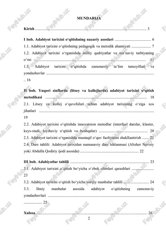 osida adabiyot o‘qitishning zamonaviy yondashuvlari ................................................................................................................................ 25 xulosa .................................................................................................................. 26 foydalanilgan adabiyotlar ro‘yxati .................................................................. 29 kirish mazkur kurs ishi yuqori sinflar, litsey va kollejlarda adabiyot tarixini o‘qitish mavzusiga bag‘ishlangan. ushbu mavzu o‘zbek tili va adabiyot fanining nazariy hamda amaliy jihatdan eng muhim yo‘nalishlaridan biri bo‘lib, adabiyot tarixini o‘qitish jarayoni orqali o‘quvchilarni milliy o‘zlikni anglashga, milliy qadriyatlar ruhida tarbiyalashga yo‘naltiriladi. bugungi kunda adabiyot fanining o‘qitilishi zamonaviy ta’lim tamoyillariga mos ravishda qayta shakllanmoqda. bu esa yuqori sinf o‘quvchilari hamda litsey va kollej talabalari uchun adabiyot tarixining mazmunini chuqur anglashni talab etadi. adabiyot inson qalbi va tafakkurini boyituvchi ijtimoiy-madaniy hodisa sifatida ta’lim tizimida muhim o‘rin tutadi. shu sababdan adabiyot tarixini o‘qitish nafaqat badiiy asarlarni tahlil qilish, balki xalqning ma’naviy merosini o‘rganish, milliy g‘urur va vatanparvarlik tuyg‘ularini shakllantirish vositasi hisoblanadi. yuqori sinflarda adabiyot tarixini o‘qitishning asosiy maqsadi — o‘quvchilarda o‘zbek adabiyotining taraqqiyot bosqichlari, ijodkorlar hayoti va ijodi haqida to‘liq tushuncha berish, ularning asarlari orqali …
