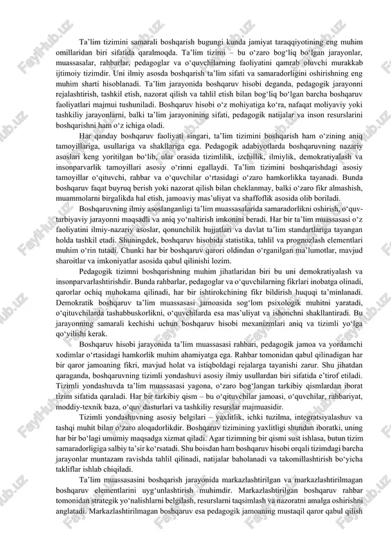 ic management — are analyzed in detail. the article also discusses the importance of program–targeted management in improving the efficiency of educational institutions, its impact on performance, and the adaptation of management mechanisms to modern requirements. keywords: education system, management accounting, management, pedagogical process, control, planning, analysis, efficiency, innovation, digital management, education quality, scientific approach, principle, systematic approach, program-targeted management, leadership, activity, modernization, integration, methodology. annotatsiya: v dannoy state rassmatrivayutsya osobennosti upravlencheskogo ucheta v sisteme obrazovaniya, ego teoreticheskie i prakticheskie osnovi, a takje rol v povishenii kachestva obrazovaniya. upravlencheskiy uchet rassmatrivaetsya kak informatsionnaya sistema, neobxodimaya dlya effektivnoy organizatsii obrazovatelnogo protsessa, ratsionalnogo ispolzovaniya imeyushixsya resursov, analiza pedagogicheskoy deyatelnosti i prinyatiya strategicheskix resheniy. osnovnie printsipi upravlencheskogo ucheta — sistemnost, nauchnost, gibkost i demokraticheskiy podxod — podrobno analiziruyutsya. v state takje rassmatrivaetsya znachenie programmno-tselevogo upravleniya v sovershenstvovanii deyatelnosti obrazovatelnix uchrejdeniy, ego vliyanie na rezultativnost i adaptatsiya upravlencheskix mexanizmov k sovremennim trebovaniyam. klyuchevie slova: …