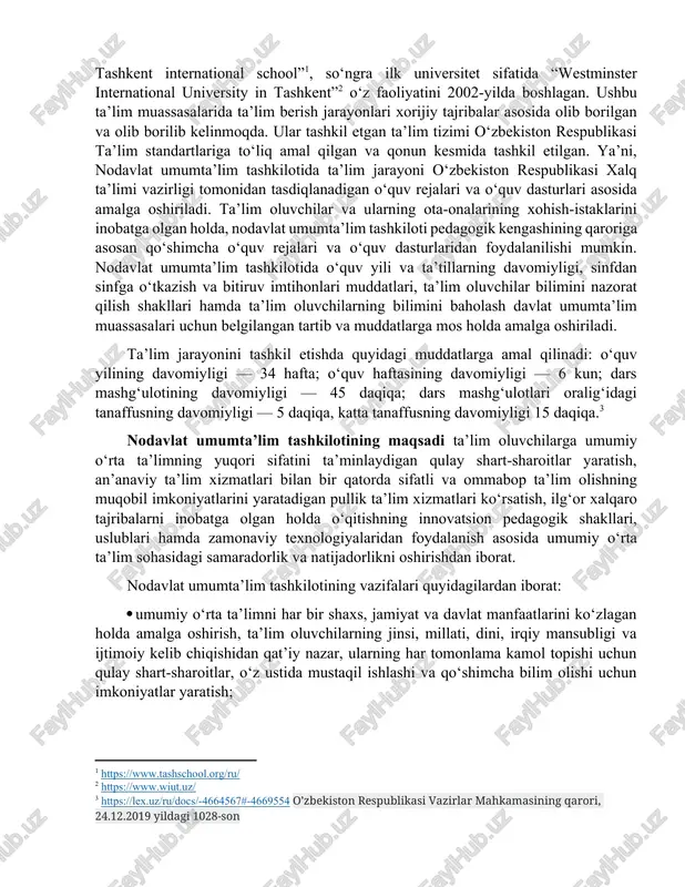 asa 1994-yilda aynan poytaxtimizda o‘z faoliyatini boshlagan. bu muassasa “ tashkent international school”[footnoteref:1], so‘ngra ilk universitet sifatida “westminster international university in tashkent”[footnoteref:2] o‘z faoliyatini 2002-yilda boshlagan. ushbu ta’lim muassasalarida ta’lim berish jarayonlari xorijiy tajribalar asosida olib borilgan va olib borilib kelinmoqda. ular tashkil etgan ta’lim tizimi o‘zbekiston respublikasi ta’lim standartlariga to‘liq amal qilgan va qonun kesmida tashkil etilgan. ya’ni, nodavlat umumta’lim tashkilotida ta’lim jarayoni o‘zbekiston respublikasi xalq ta’limi vazirligi tomonidan tasdiqlanadigan o‘quv rejalari va o‘quv dasturlari asosida amalga oshiriladi. ta’lim oluvchilar va ularning ota-onalarining xohish-istaklarini inobatga olgan holda, nodavlat umumta’lim tashkiloti pedagogik kengashining qaroriga asosan qo‘shimcha o‘quv rejalari va o‘quv dasturlaridan foydalanilishi mumkin. nodavlat umumta’lim tashkilotida o‘quv yili va ta’tillarning davomiyligi, sinfdan sinfga o‘tkazish va bitiruv imtihonlari muddatlari, ta’lim oluvchilar bilimini nazorat qilish shakllari hamda ta’lim oluvchilarning bilimini baholash davlat umumta’lim muassasalari uchun belgilangan tartib va muddatlarga mos holda amalga oshiriladi. [1: https://www.tashschool.org/ru/ ] [2: https://www.wiut.uz/ ] ta’lim jarayonini tashkil …