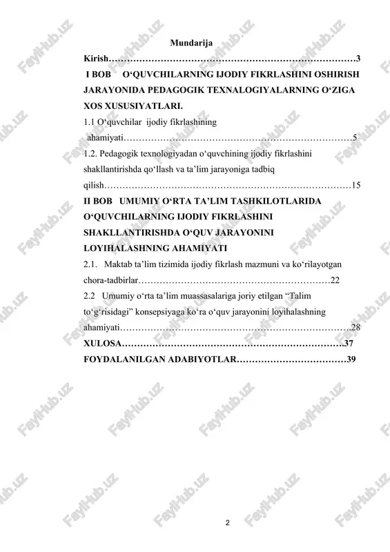 ilarning ijodiy fikrlashini shakllantirish maqsadida o‘qituvchilar tomonidan o‘quv jarayonini loyihalash bir muncha ahamiyat kasb etadi. chunki, ta’lim jarayonini tog‘ri tashkil etish va uni olib borish pedagog tomonidan loyihalashtiriladi. bu o‘quvchining bilim olish tezligini, uning samarasini belgilaydi. ijodiy fikrlashdagi ilg‘or o‘quvchilar aynan shu jarayon aniq tashkillashtirilsagina, o‘zlarining ilmiy va tanqiqidy fikrlash jarayonini yanada yuzaga chiqarib, rivojlantirishiga imkon yaratadi. bu esa o‘z navbatida, sinf dars jarayonida o‘quvchilarning bilim, ko‘nikma va salohiyatlarini boshqa o‘quvchilarga solishtirgan tarzda o‘stirishga va xulosalashga yordam beradi. o‘quv mashg‘ulotini loyihalashtirishda o‘qituvchi, avvalo, o‘qitish jarayonini tahlil qilishi, o‘quvchilarni mustaqil fikrlash, mustaqil o‘qish bilimlarni ijodiy tahlil qilishga o‘rgatishi, o‘zlashtirilgan bilimlarni ko‘nikmalarga aylantirish uchun o‘quv mavzulari bo‘yicha metodik tizimni yaratadi, o‘quvchilar egallashi lozim bo‘lgan bilim, ko‘nikma, malakalar mazmunini ishlab chiqadi. yaratilgan metodik tizim va ma’lumotlar mazmuni yordamida o‘quvchi tasavvur qilishi lozimlilarning o‘quv-biluv faoliyatini tashkil etadi va o‘quv mashg‘ulotlari uchun bilish faoliyatining tashkiliy shakllari (nazariy dars, amaliy mashg‘ulot)ni maqsadga mos tanlaydi va uni …