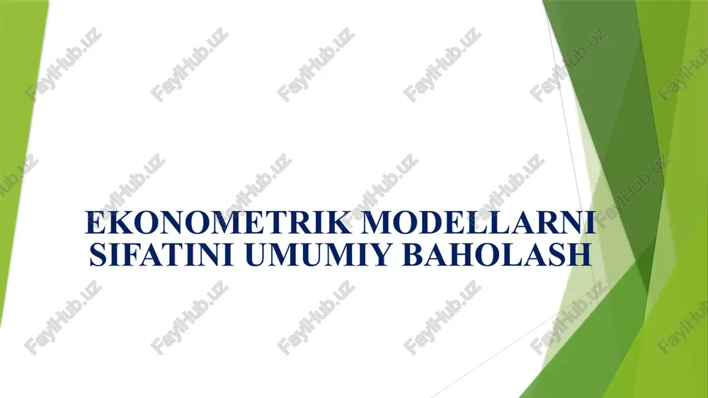 ressiya tengamasi sifati yoki bogʻlanish modelini xarakterlash uchun ishlatiladi. regressiya tenglamaning parametrlarni baholarining xususiyatlari statistik ma’lumot yigʻishda ko‘p hollarda parametrning haqiqiy qiymatlari o‘rniga yashirin xatoga ega o‘lchamlar kiritiladi (ular obyektiv, subyektiv xarakterga ega bo‘lishlari, o‘lcham hisoblarining noaniqligi, noaniq hujjat aylanishi, alohida o‘lchamlarini subyektiv bahosi va boshqalar). barcha yuqorida sanab o‘tilgan kamchiliklar o‘lchash xatolarini tenglama xatolariga o‘tishiga olib keladi, ya’ni: oddiy chiziqli regression modelning to‘liq spetsifikatsiyasi regression tenglamadan va 5 ta birlamchi yo‘l qo‘yishlardan tashkil topgan. shu yo‘l qo‘yishlarni ko‘rib chiqamiz. birinchi ikki taxmin shundan iboratki, x ning har bir qiymati uchun e xato nol qiymat atrofida me’yoriy taqsimlangan. taxmin qilinadiki, ei uzluksiz kattalik hisoblanib, o‘rtacha atrofida simmetrik taqsimlangan −∞ dan +∞ gacha o‘zgaradi va uning taqsimlanishi 2 o‘lcham o‘rtacha va variatsiya yordamida aniqlanadi. demak: birinchi taxmin: 𝜀𝑖- me’yoriy taqsimlangan. ikkinchi taxmin: - 𝐸(𝑒𝑖) = 0 o‘rtacha xato nolga teng. to‘rtinchi taxmin: qoldiqdagi avtokorrelyatsiya bilan bogʻliq. taxmin qilinadiki, xatolar orasida avtokorrelyatsiya …