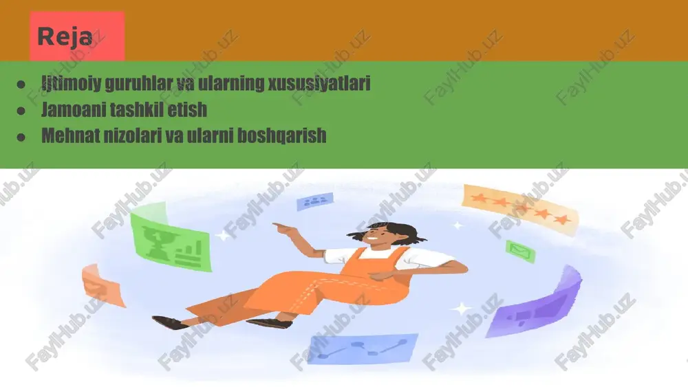 at shartlarini qo’llanish yuzasidan kelib chiqqan kelishmovchiliklardir. bunday hollarda nizoning xodim manfaatini ifoda etuvchi tarafi bo’lib xodimlarning vakillik organi ishtirok etishi mumkin. yakka mehnat nizolari: - mehnat nizolari komissiyalari; - tuman (shahar) sudlari tomonidan qo’rib chiqiladi. mehnat nizolarini eng keskin qismi - ixtilofdir! ijobiy ixtilofdagi tomonlar o’rtasidagi vaziyatni yumshatish muxolifatchi to’g’risidagi yangi ma’lumot olish tashqi dushman bilan kurasish uchun jamoani jipslashtirish o’zgarish va rivojlanishga rag’bat hodimlardagi mutelik tuyg’usini bartaraf etish muxolifatchilar imkoniyatlarini chamalab ko’rish salbiy jihatlari ixtilofda ishtirok etish uchun katta extiroslar, moddiy harajatlar hodimlarni ishdan bo’shatish, imtizomni pasayishi, jamoada ijtimoiy – ruxiy muhitning yomonlashishi mag’lub guruhlar to’g’risida dushman sifatidagi tasavvurga ega bo’lish ishga zarar keltirgan holda ixtilofiy munosabatlar jarayoni bilan haddan tashqai band bo’lishi ixtilof yakunlangach, hodimlar bir qismi o’rtasida hamkorlik darajasining kamayishi amaliy munosabatlarni tanlashning murakkabligi “ixtilof izi” ixtilof turlari hal qilish vositasi bo’yicha paydo bo’lish xususiyati bo’yicha ta’sir ko’rsatish yo’nalishi bo’yicha ifoda etilishi bo’yicha qatnashchilar soni bo’yicha …