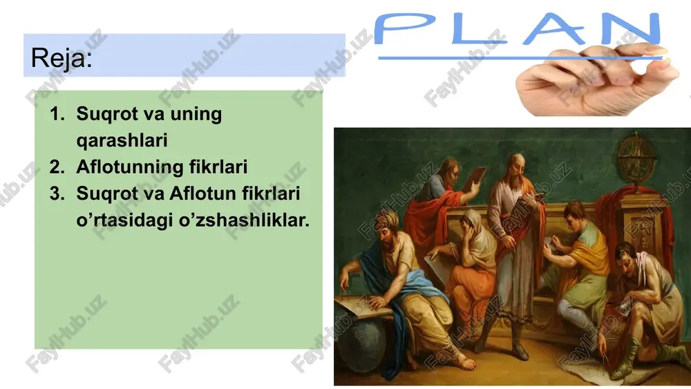 deb hisoblagan. suqrot taʼlimoti ga koʻra, falsafaning maqsadi oʻz-oʻzini bilish boʻlib, bu esa chin ezgulikka erishish yoʻlidir; ezgulik — bilim yoki donolikdir. suqrot insonda 1-dan, oʻrta miyonalik, moʻʼtadillik (yaʼni. ehtiroslarni jilovlay bilish)ni, 2-dan, dovyuraklik (yaʼni, xavf-xatarni yenga bilish)ni, 3-dan, adolat (yaʼni, ilohiy va insoniy qonunqoidalarga rioya eta bilish)ni eng asosiy ezgulik va yaxshilik belgisi deb hisoblagan. aflotun haqida ma’lumotlar va uning qarashlari platon (platon) afinalik, aflotun (haqiqiy ismi aristokl; mil. av. taxminan 427.27.5 — afina — 347) — yunon faylasufi, platonizm asoschisi. suqrotning shogirdi. suqrot unga „platon.“ (keng yelkali, keng koʻkrakli degan maʼnoni beradi) deb nom qoʻygan.platon. mashhur faylasuflar bilan yoshligidan muloqotda boʻlib, ulardan taʼlim oldi. geraklit, parmenid, demokrit va boshqa faylasuflarning asarlarini oʻrgandi. mil. av. 380 yillarda afina yaqinidagi akademiya nomli bir bogʻni sotib oladi (bu nom shu yerlik afsonaviy qahramon akadem sharafiga berilgan) va bu bogʻda oʻzining platon akademiyasi deb atalgan falsafiy maktabini tashkil etadi. akademiya afinada deyarli …