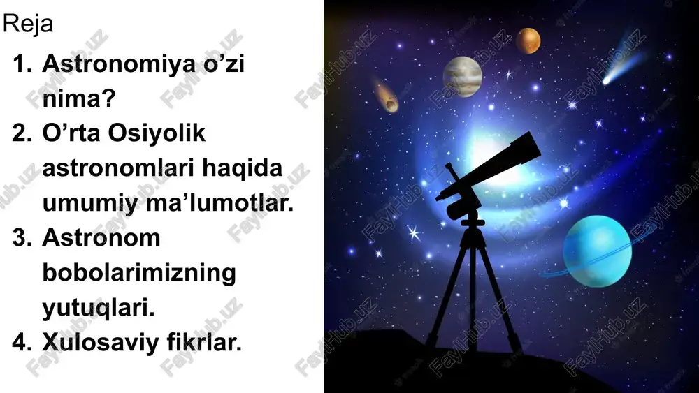 yaning tiklanishi boshiga to`g`ri keldi. bu vaqtga kelib al ma`munning i akademiyasi tashkil etiladi, u yerda xorazmiy asosan astronomiya bilan shug`ullanadi. bu yerda u o`zining mashhur "ziji xorazmiy"ni yozadi, bu asar 37 bobdan iborat bo`lib, nafaqat o`zining zamonasida, balki keyingi asrlarda ham ajoyib astronomik asar deb topilgan. undan tashqari, xorazmiy astronomiyaga oid kitoblardan "astrolabiya haqida kitob" va "sinus-kvadrant haqida" asarlarini yozgan. abul - abbos ahmad al farg`oniy. (to`liq ismi-ahmad ibn muhammad ibn kasir al farg`oniy, tug`ilgan yili noaniq bo`lib, 798 yil deb taxmin qiladi,, 860 yillar o`rtalarida vafot etgan). eng yirik astronomik asari "koinotdagi harakat haqidagi kitob va yulduzlar haqidagi fan majmuasi"dir. undan tashqari, astronomiyaga oid juda ko`p risolalarni ham yozgan. k.brokelman o`zining "arab adabiyoti tarixi"da dunyoning turli shaharlaridagi kutubxonalarida saqlanayotgan o`ntacha asarlarining nomlarini qayd etgan. farg`oniy quyosh tutilishi sodir bo`ladigan momentini avvaldan hisoblab bashorat etgan, ilmiy jihatdan yer sharsimonligini isbotlab bergan, meridian uzunligini hisoblagan, nil daryosining oqimini o`rganish uchun …