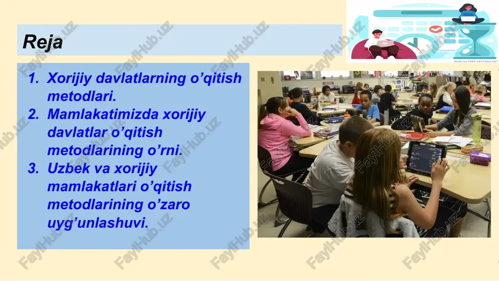 ogiyalar va internetdan foydalanish o‘qitish jarayonida juda muhim ahamiyatga ega. bu davlatlarda o‘quvchilar kompyuterlar, smartfonlar, interaktiv doskalar va boshqa texnologiyalardan foydalanishni o‘rganishadi. bu usul o‘quvchilarning texnologik qobiliyatini rivojlantiradi va ularning yangi bilimlarni o‘rganishda qiziqishlarini oshiradi. xorijiy davlatlarda o‘qitish metodlarini o‘rganishda tajriba o‘rni shuningdek, o‘qituvchilar va o‘quvchilar bilan hamkorlikning muhim ahamiyati bor. bu davlatlarda o‘qituvchilar o‘quvchilarga yondashish, ularning talabalarini tushunish va ularga eng samarali o‘qitish usullarini topishga harakat qiladilar. o‘quvchilar esa o‘z fikrlarini, talabalarini va qiziqishlarini o‘qituvchilarga bildirish orqali o‘z o‘qitish jarayonlariga ta‘sir qilishlari mumkin. jamiyatimizda ham xorijiy davlatlarning tajribasidan foydalanib, o‘qitish metodlarini rivojlantirishga harakat qilinmoqda. xorijiy davlatlarning tajribasini o‘rganishda xorijiy o‘qitish metodlarini o‘rganish, ularni joriy qilingan o‘qitish tizimiga moslashtirish va o‘quvchilarning talabalarini va qiziqishlarini qondirishda muhim ahamiyatga ega. finlandiya metodlari yaponiya metodlari fransiya metodlari amerika metodlari rossiya metodlari germaniya metodlari o’zbekiston ta’limi qo’llanilayotgan xorijiy davlatlar metodlari nega aynan xorijiy davlatlarning metodlari asosida ta’lim tizimidagi usullarni yaratamiz? chunki, bir necha o’n …