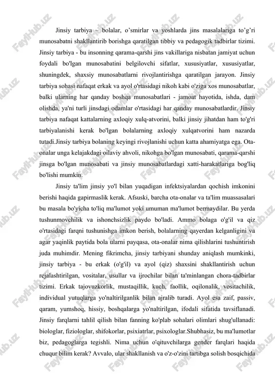 jovuzkorlik, mustaqillik, kuch, faollik, oqilonalik, vositachilik, individual yutuqlarga yo'naltirilganlik bilan ajralib turadi. ayol esa zaif, passiv, qaram, yumshoq, hissiy, boshqalarga yo'naltirilgan, ifodali sifatida tavsiflanadi. jinsiy farqlarni tahlil qilish bilan fanning ko'plab sohalari olimlari shug'ullanadi: biologlar, fiziologlar, shifokorlar, psixiatrlar, psixologlar.shubhasiz, bu ma'lumotlar biz, pedagoglarga tegishli. nima uchun o'qituvchilarga gender farqlari haqida chuqur bilim kerak? avvalo, ular shakllanish va o'z-o'zini tartibga solish bosqichida zarur. xulqatvorni o'z-o'zini tartibga solish "shaxsda o'zi haqida ma'lum ma'lumotlarning mavjudligini" nazarda tutadi. o'zi haqidagi bu ma'lumotlarning bir qismi insonning ma'lum bir jinsga mansubligi, bir necha jihatdan farq qiluvchi qaramaqarshi jins vakillari mavjudligi haqidagi bilimdir. bu shuni anglatadiki, gender farqlari haqidagi bilim insonga xatti-harakatlarni o'z-o'zini tartibga solishda katta yordam beradi. inson tanasi, uning tuzilishi va bunday tuzilish sabablari haqidagi g'oyalar uning aqliy xususiyatlari, axloqiy fazilatlari va boshqalar haqidagi g'oyalar bilan bir qatorda "o'qitish tizimi " ning tarkibiy qismidir. har bir insonning qobiliyatlari va xususiyatlarini bilish insonning o'zini o'zi qadrlashi …
