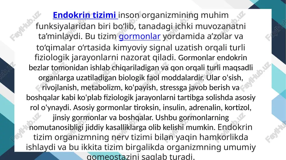 va aralash bezlarga ajratiladi. tashqi sekretsiya bezlariga so‘lak, ichak devori, oshqozon devori, sut, yogʻ, ko‘z yoshi bezlari kiradi. ularning sekreti maxsus yo‘l orqali ichki organlar bo‘shlig‘i yoki tashqi muhit (teri sirti)ga chiqadi. soʻlak, oshqozon va ichak shilliq qavatidagi bezlardan ishlab chiqaradigan fermentlar ta’sirida oziq moddalar hazm bo‘ladi. ichki sekretsiya bezlarining sekret chiqarish yo‘li bo‘lmaydi. ular ajratgan gormonlar qonga chiqariladi. qalqonsimon bez, qalqonoldi bezlari, gipofiz, epifiz, buyrakusti, ayrisimon bezlar ichki sekretsiya bezlari hisoblanadi. organizmdagi ayrim bezlar bir vaqtning o‘zida ichki va tashqi sekretorlik funksiyasini bajaradi. oshqozonosti bezi, jinsiy bezlar va jigar xuddi shunday ish- laydi. ular aralash sekretsiya bezlari deyiladi. oshqozonosti bezi ichki sekretsiya bezi sifatida qonga gormonlar (masalan, insulin), tashqi sekretsiya bezi sifatida ichak bo‘shlig‘iga fermentlar ishlab chiqaradi. jinsiy bezlar esa qonga jinsiy gor­monlar, jinsiy yo‘llarga tuxum va urug‘ hujayralari ishlab chiqaradi. jigar ichak bo‘shlig‘iga o‘t suyuqligi, qonga qon tarkibiga kiradigan gem va boshqa oqsillar ishlab chiqaradi. 1-rasm. ichki va …