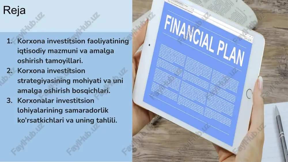 ndirilishini manfaat yordami bilan uning kelajakda kutilyotganini almashuv aktini o’zida ifodalaydi.” j.keynsning qarashlari “alohida shaxs yoki koorparatsiyaning qandaydir eski yoki yangi mol-mulk xaridini,qaysiki yangi investitsiyalar daromad hisobiga turli ko’rinishdagi kapital mol-mulk xaridini” ifodalashini ta’kidlaydi. k.makkonel va s.bryu investitsiyaning mohiyatini keynschiliklar modelining idrokida deb hisoblashgan.ammo, e.d.dolan va d.s.lindseylar “investitsiya-shakllanayotgan iqtisodiy tizimda kapital hajmining o’sishi, odamlar amal qiladigan ishlab chiqarish resurslari taklifini yuksalishida” deb bilishgan. bundan tashqari, d.tojiboyeva investitsiya orqali korxonalar kapital jamg’arilishi natijasida iqtisodiyot rivojlanadi deb hisoblasa, b.a.abdukarimova,a.n.jabriev,m.k.pardaevlar “investitsiya-korxonaning barcha aktivlariga nisbatan ishlatilishini” ta’kidlashgan. moliyaviy investitsiya davlat va korporatsiyalar aksiyalari bank depozitlari obligatsiya boshqa qimmatli qog’ozlar portfel investitsiyalar - turli loyihalar guruhlariga kapital qo’yishni ifodalaydi.masalan: korxona qimmatli qog’ozlarini qo’lga kiritish.bunda,investorning bosh vazifasi portfel investitsiyalarni shakllantrirish va maqbul boshqarish hisoblanadi. portfel investitsiyalar qatorida pul-kredit operatsiyalari keng tarqalgan bo’lib,investorning kapitali kredit sifatida bu omonatlardan keyinchalik foydalanish bilan depozit omonatlar ko’rinishida bankka joylashtirish tushuniladi. e.s.babaev harakat yo’nalishlari bo’yicha investitsiyalarni quyidagi turlarga ajratadi. boshlang’ich investitsiyalar …