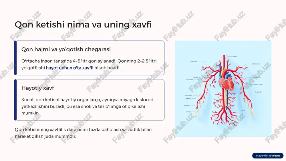 yoki oyoqdagi jarohat bo‘lsa, uni maksimal darajada bukish orqali katta qon tomirlarining siqilishi va qon oqimining kamayishi taʼminlanadi. bu usullar shifokor yetib kelguncha vaqt yutishga yordam beradi. jgut qo‘yish: kuchli arterial qon ketishini to‘xtatish jgut (turniket) faqat hayotga tahdid soluvchi kuchli arterial qon ketishida, boshqa usullar yordam bermaganida qo‘llaniladi, chunki bu usul oyoq-qo‘lga zarar yetkazishi mumkin. 1 joylashuvi jgutni jarohatdan 5-7 sm yuqoriga (yurakka yaqinroq) va yumshoq mato ustiga qo‘ying. uni yalang‘och teriga qo‘yish tavsiya etilmaydi. 2 qattiqlik qon butunlay to‘xtaguncha qattiq va teng bosim bilan mahkamlang. venoz qon oqimini emas, balki arterial oqimni to‘xtatish kerak. 3 vaqtni qayd etish jgut qo‘yilgan aniq vaqtni yozib qo‘ying (masalan, jgutga qalam bilan). jgutni 1 soatdan ko‘p ushlab turmaslik kerak. jarohatni tozalash va antiseptik ishlatish qoidalari yot jismlarga tegmaslik jarohat ichida qolib ketgan katta yot jismlarni (pichoq, shisha siniqlari) olib tashlamang. bu qon ketishini kuchaytiradi. ular atrofiga bintni mahkamlab, qo‘llab-quvvatlang. jarohatni tozalash agar …