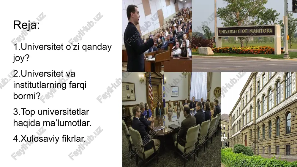 r. "universitet" tushunchasi "institut" tushunchasidan ko'ra kengroq. ta'lim imkoniyatlari va o'quv kurslari jihatidan dunyoning barcha mamlakatlarida universitet eng yuqori ta'lim muassasasi hisoblanadi. dunyoning top 500 universitetlari the university of edinburgh national university of singapore (nus) california institute of technology (caltech) university of oxford tsinghua university epfl imperial college london stanford university eth zurich - swiss federal institute of technology ucl yale university peking university university of cambridge university of chicago harvard university massachusetts institute of technology (mit) princeton university columbia university university of pennsylvania nima uchuin aynan top 500talikka kirgan universitetlarning talabalari bilimli va ta’lim muassasi ham yuqori baholanadi? chunki,ularda o’quv uslubi ham oddiy universitetlardan tubdan farq qiladi va ularda barchasi talabaga yuklatiladi.talaba harakatiga loyiq holda habolanadi! ushbu reyting darajasiga erishgan universitetlarning barchasi moliyaviy mustaqil universitetlar bo’lib,ular faqatgina natija bera oladigan talabalarni olib qolishadi hamda kantrakt narxlari ham baland bo’ladi.ushbu unversitetlar o’zlarini o’zlari boshqarganliklari sababli talabalarning bilim va ko’nikmalarini to’g’ri …