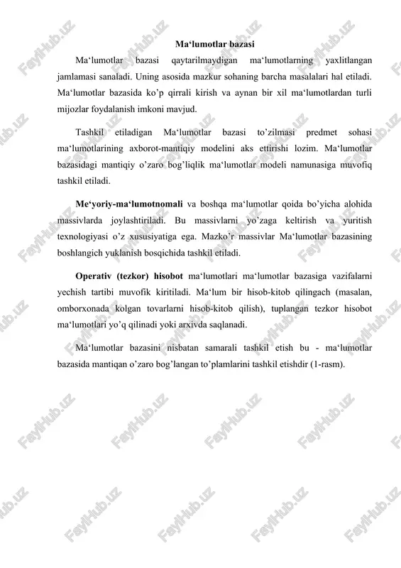 tiqiy modelini aks ettirishi lozim. ma‘lumotlar bazasidagi mantiqiy o’zaro bog’liqlik ma‘lumotlar modeli namunasiga muvofik tashkil etiladi. boshqaruvning informatsion tizimi karorlari tezkor zaruriy va kerakli ma‘lumotlarni olish uchun mo’ljallangan. axborot texnologiyasi quydagilarga asoslangan: · ehm, orttexnika va telekommunikatsion vositalardan kengrok foydalanishga; · foydalanuvchining axborotlashtirish jarayonidagi faol ishtirokiga; · umumiy dasturli ta‘minlov va muammolariga mo’ljallangan keng foydalanishda; · ma‘lumotlar bazasi va dasturlariga, shunindek lokal va global ehm tizimlariga ruxsat berilgan imkon mavjudligi; · telekommunikatsiyadan foydalanish; · karorlarni qabul qilish va qayta ishlash jarayonlaridagi taxliliy holatlar uchun mutaxassislarning avtomatlashtirilgan ish joylari; · sun‘iy intelekt tizimini qo’llash; · ekspert tizimini tatbik etish; avtomatlashtirilgan ma‘lumotlar bankidan foydalanish, ma‘lumotlarni mantiqiy va jismoniy tashkil qilishda mustaqil amaliy dasturlarning yetarlicha yuqori darajadaligini, ma‘lumotlarni boshqarishni integratsiyasi va markazlashishi, ma‘lumotlarning ortiqcha yo’qotishlarining bartaraf etilishi, ma‘lumotlarni teleprotsessorli qayta ishlash va paketlarning aralashishi mumkinligi ma‘lumotlarning o’zaro bog’liqlik majmuiga ko’p omilli intilishlarni ta‘minlash imkonini beradi. shuning uchun boshqaruv bat ishlanmalari barcha sohalar uchun …